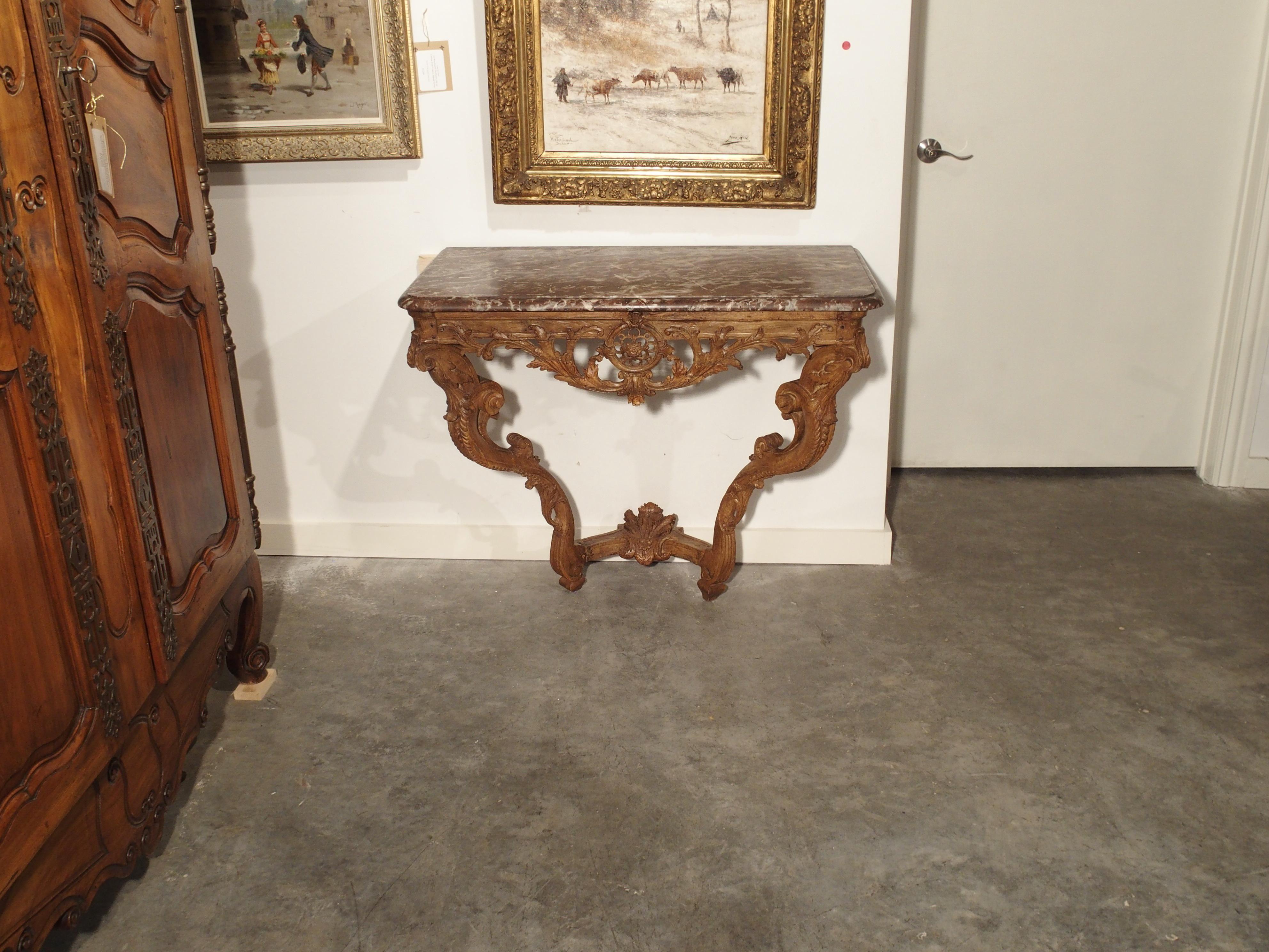 Early 18th Century Oak Regence Console with Rouge Marble Top For Sale 13