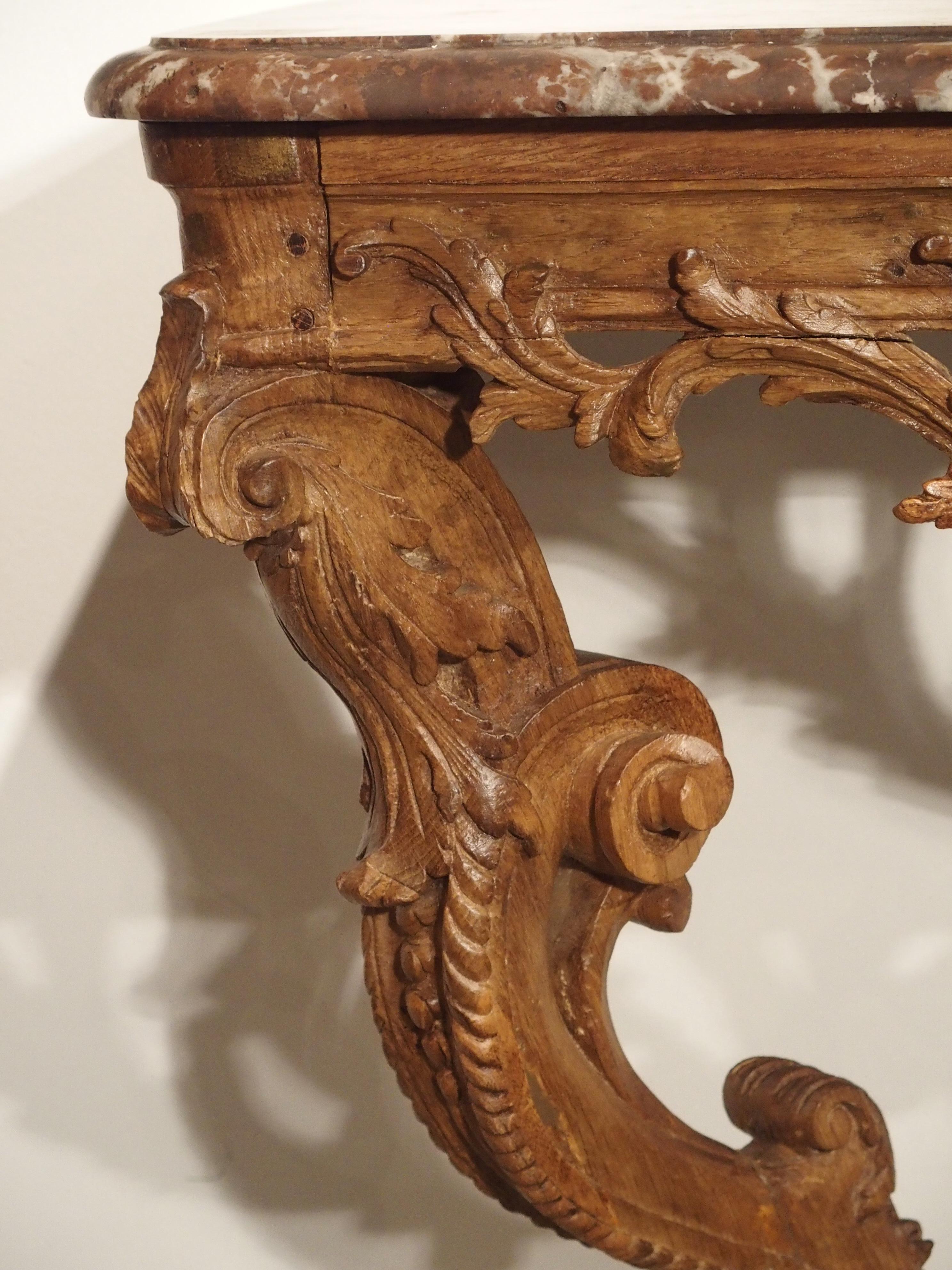 French Early 18th Century Oak Regence Console with Rouge Marble Top For Sale