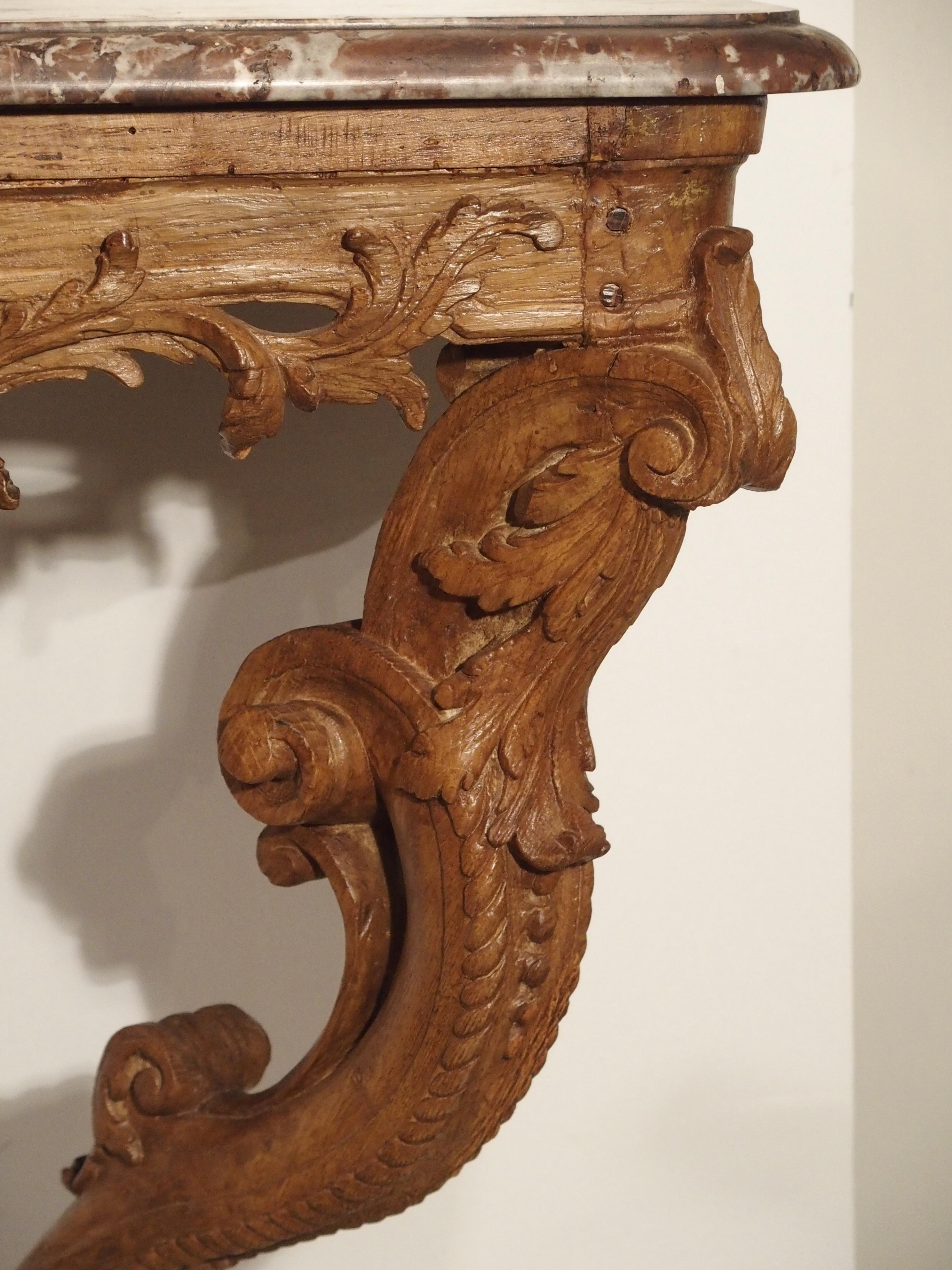 Hand-Carved Early 18th Century Oak Regence Console with Rouge Marble Top For Sale