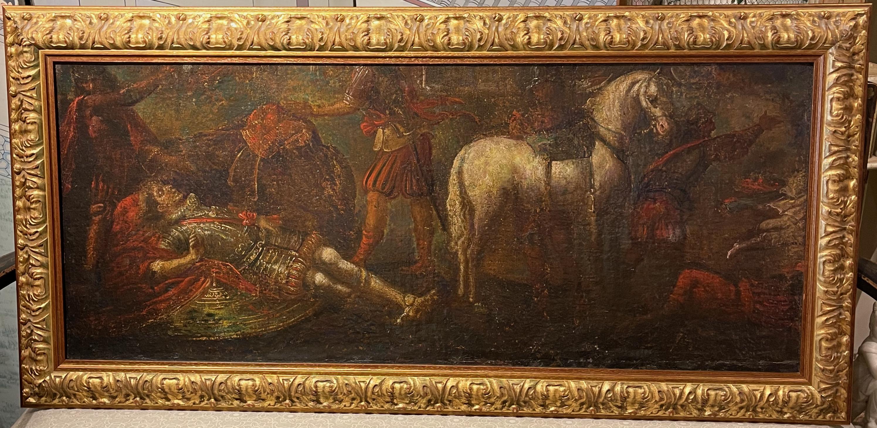 An early 18th C. oil on canvas painting of a medieval battle scene. Likely a fragment of a much larger painting in later gilt wood frame.