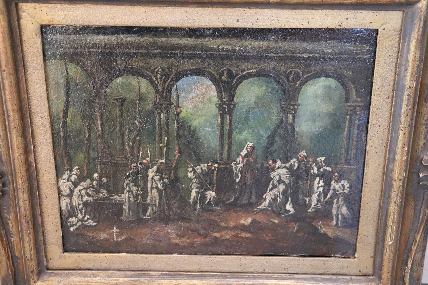 Important early 18th century italian oil painting on canvas funeral scene. The scene takes place outdoors with architectural elements in the background, many characters probably of the monks are busy burying the dead. The painter is very full-bodied