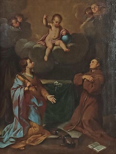 EARLY 18th CENTURY OIL PAINTING ON CANVAS WITH ADORATION OF SAINTS