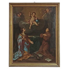 EARLY 18th CENTURY OIL PAINTING ON CANVAS WITH ADORATION OF SAINTS
