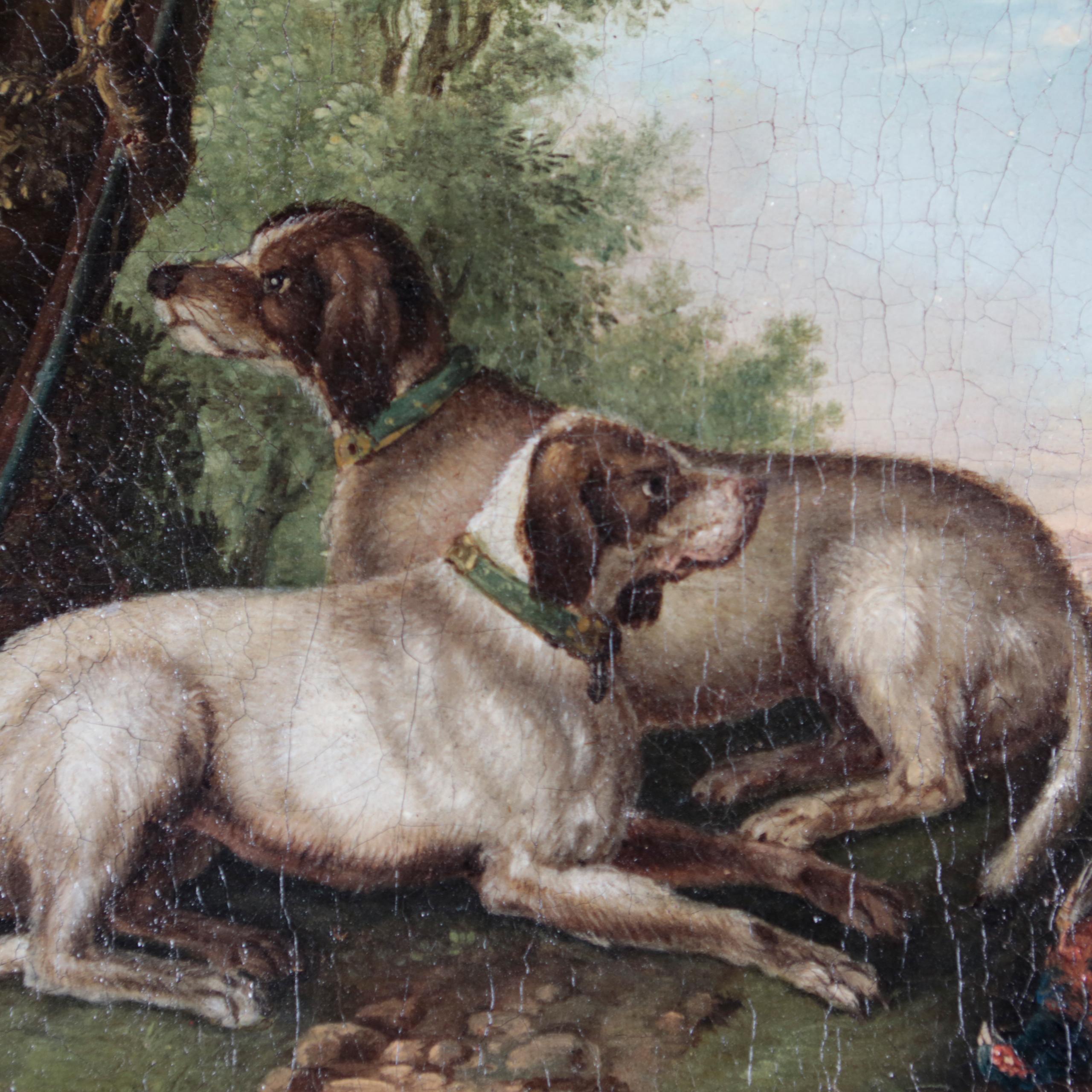 Baroque Early 18th Century Oil Painting with Two Hunting Dogs, Oil on Canvas, Framed For Sale
