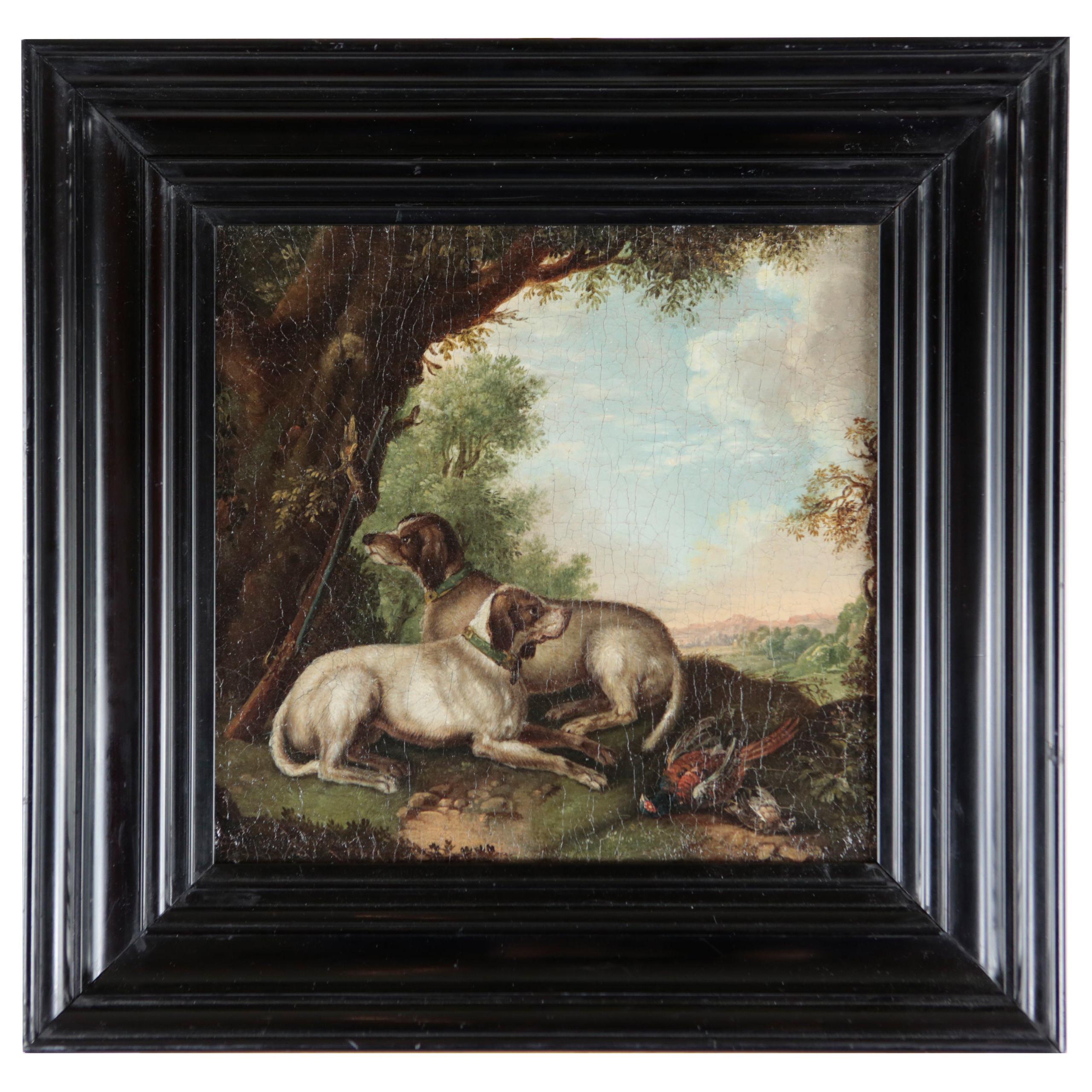 Early 18th Century Oil Painting with Two Hunting Dogs, Oil on Canvas, Framed For Sale