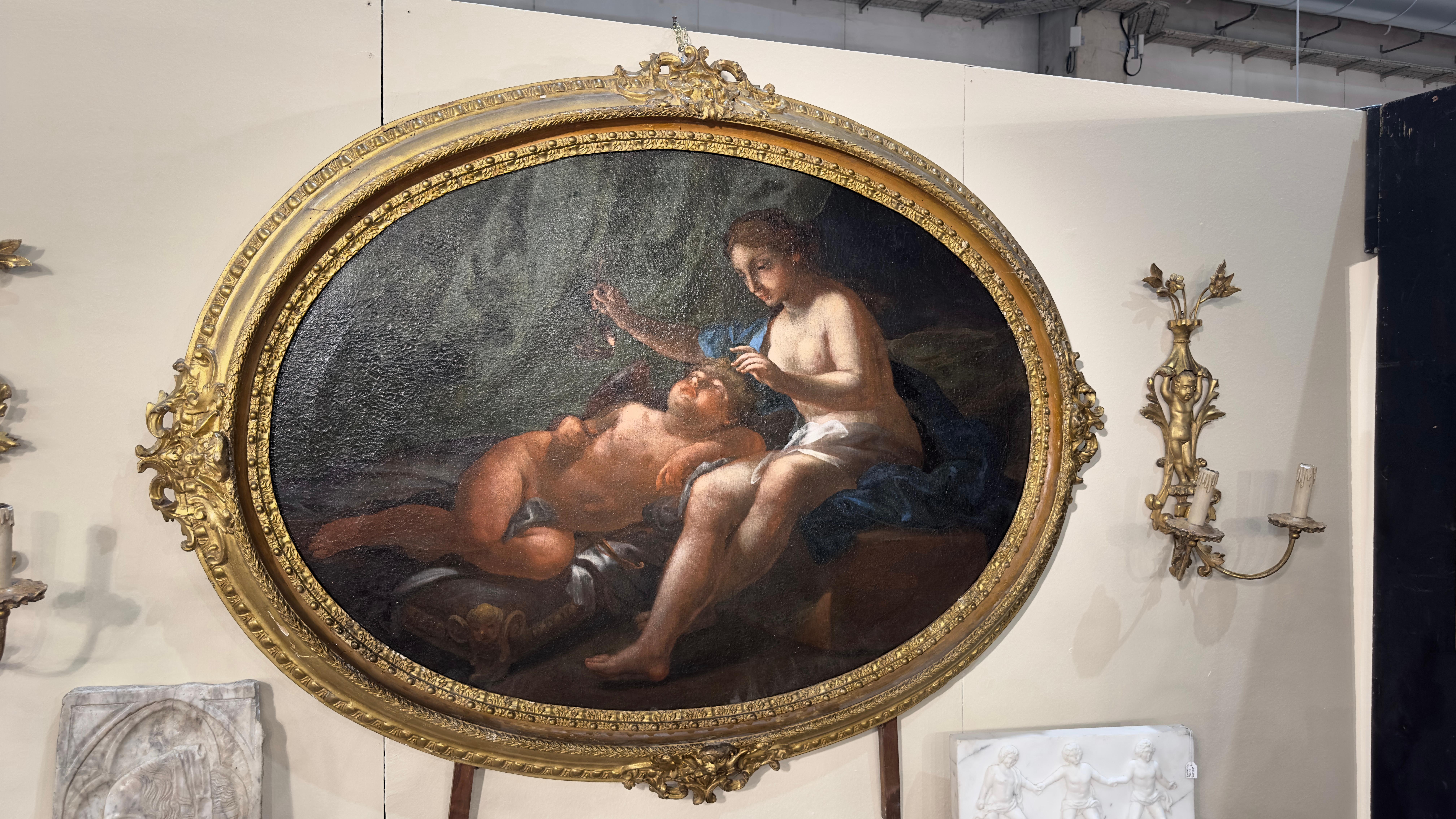 EARLY 18th CENTURY OVAL PAINTING VENUS AND CUPID  For Sale 8