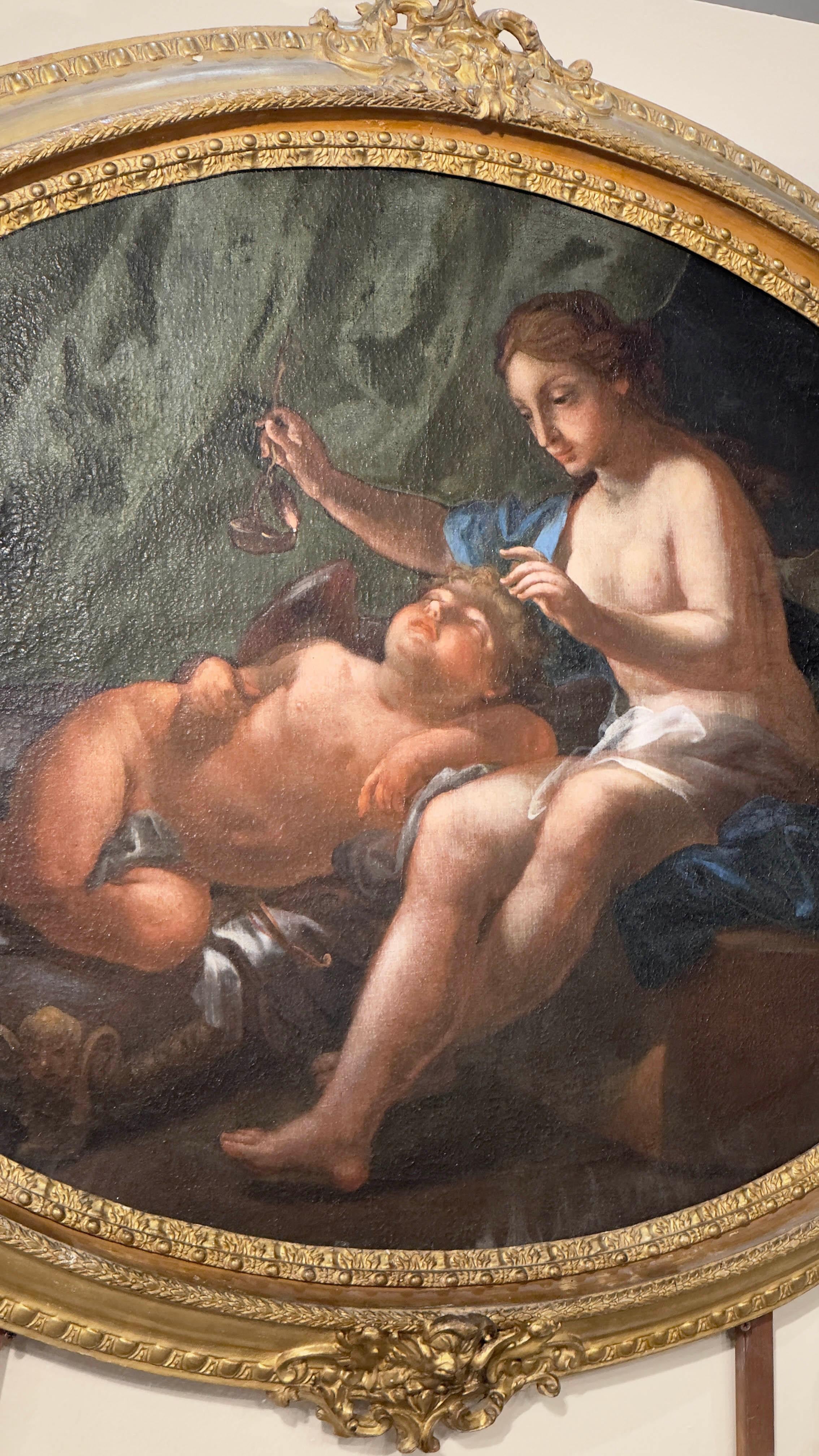 Italian EARLY 18th CENTURY OVAL PAINTING VENUS AND CUPID  For Sale