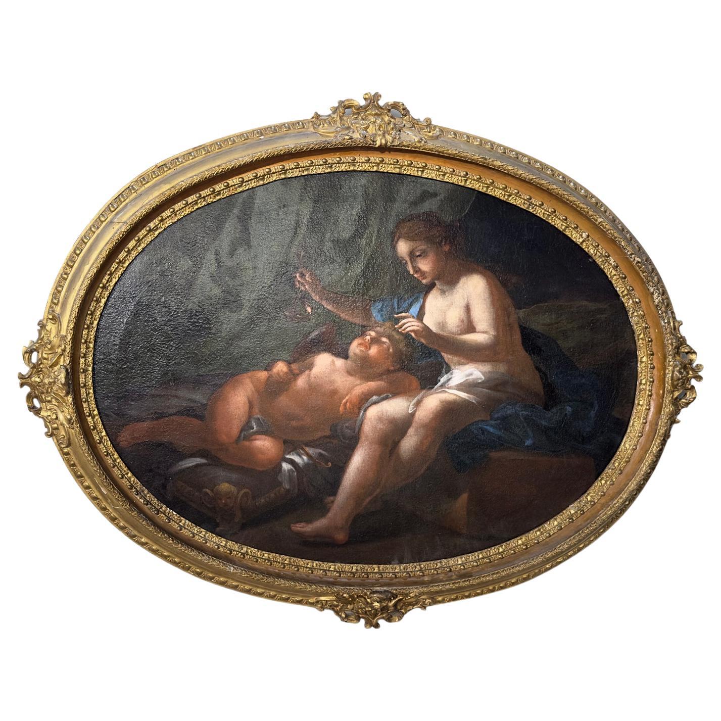 EARLY 18th CENTURY OVAL PAINTING VENUS AND CUPID 