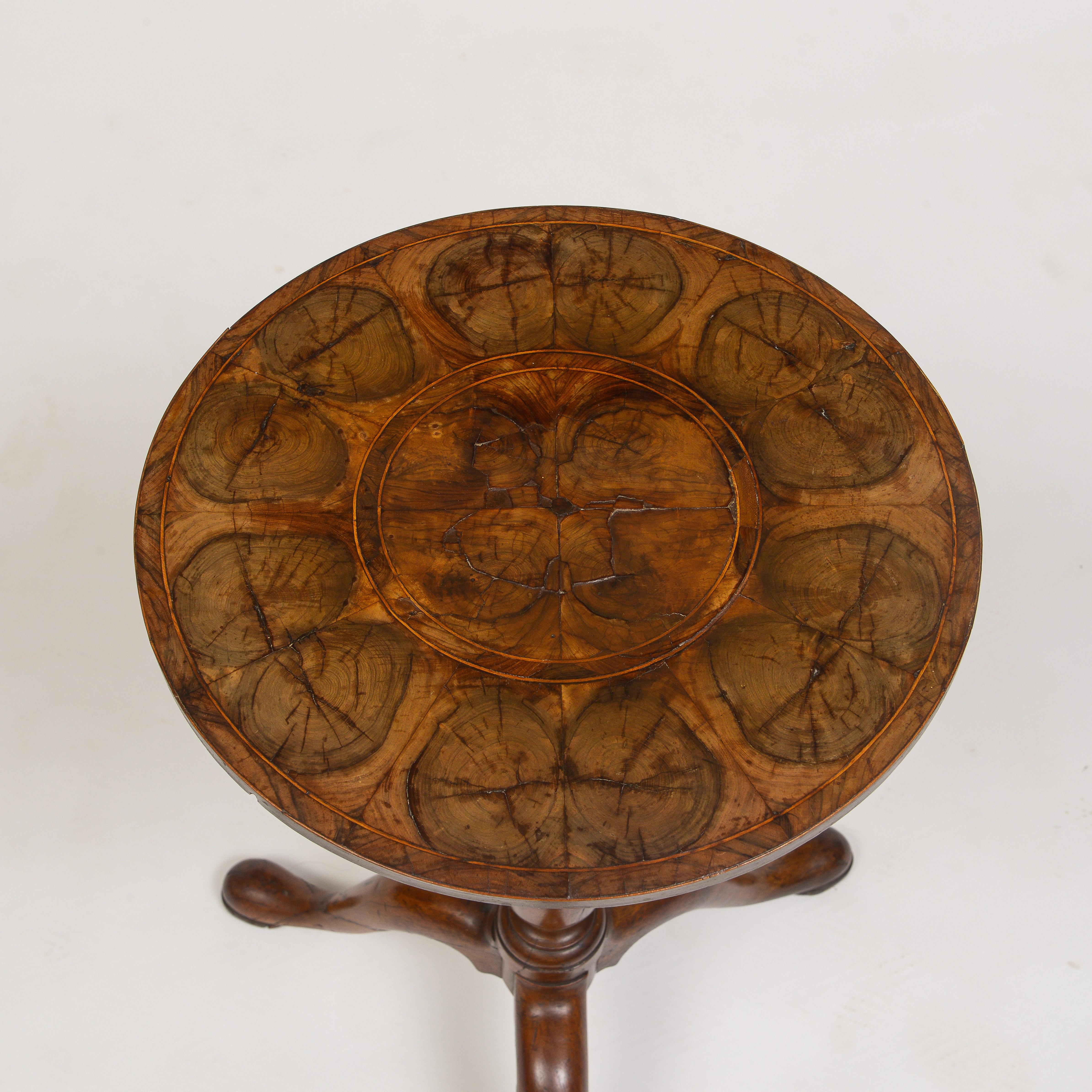 Hand-Crafted Early 18th Century Oyster Wood Tip Tripod Table For Sale