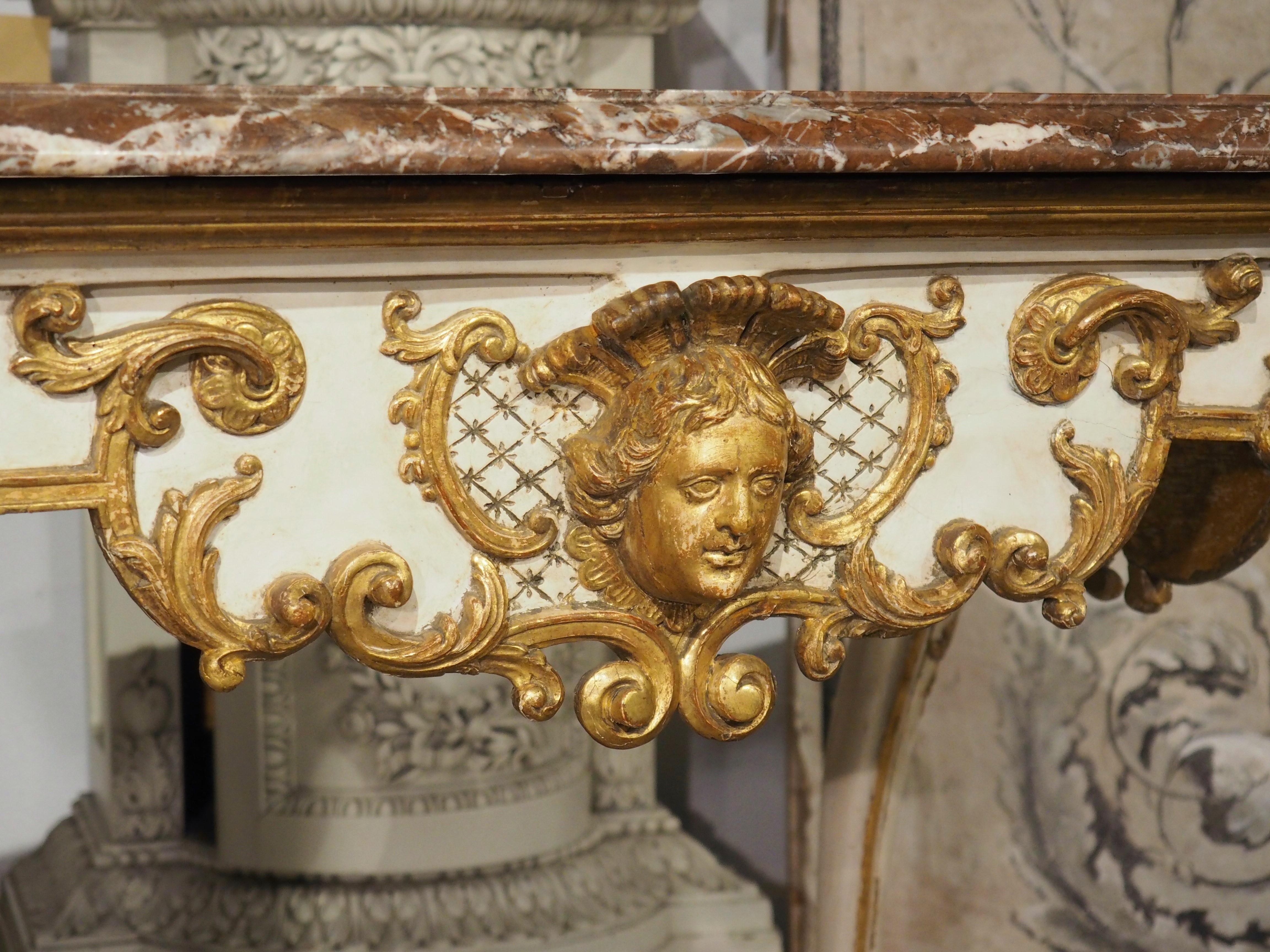 Hand-Carved Early 18th Century Painted Italian Console Table with Rouge Royal Marble Top For Sale
