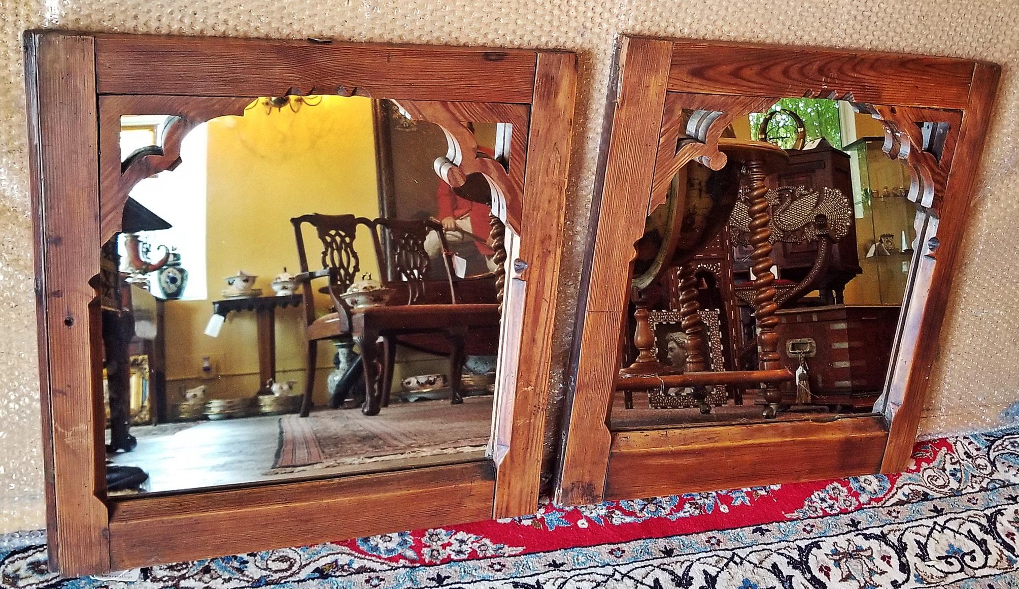 Early 18th Century Pair of Pine Gothic Confessional Door Mirrors, Historical In Good Condition In Dallas, TX