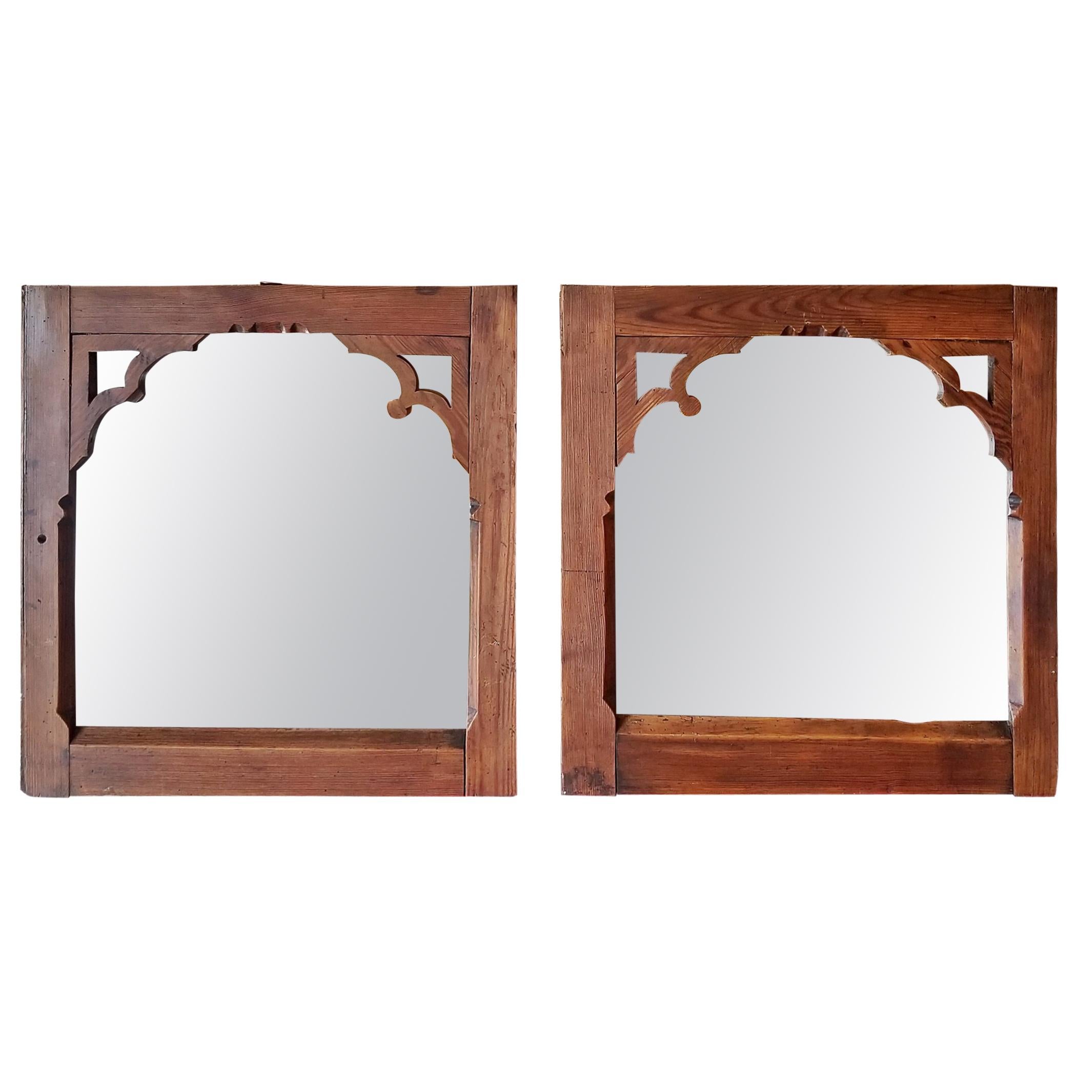 Early 18th Century Pair of Pine Gothic Confessional Door Mirrors, Historical