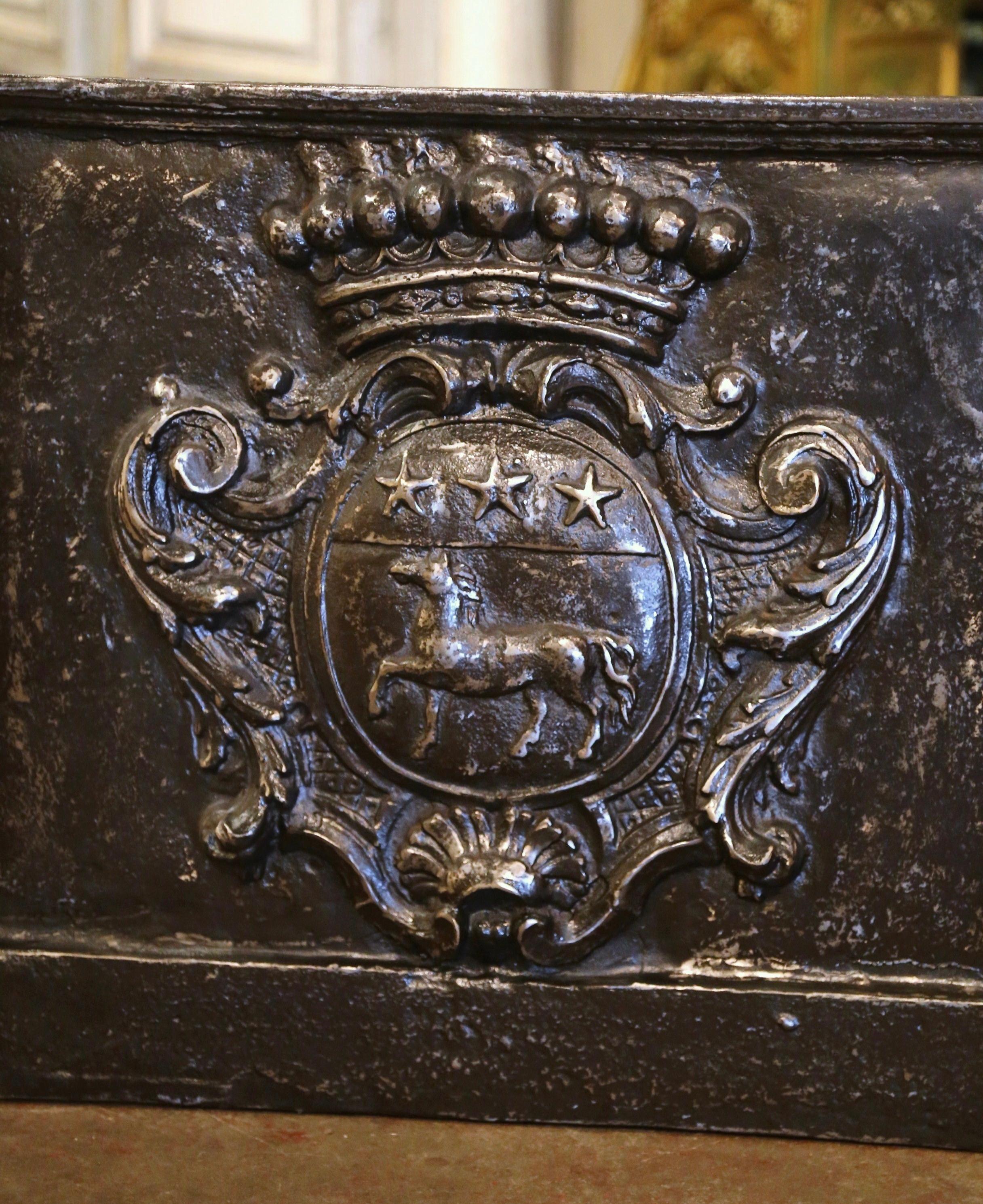 Louis XIV Early 18th Century Polished Iron Fireback with Crown and Family Coat of Arms