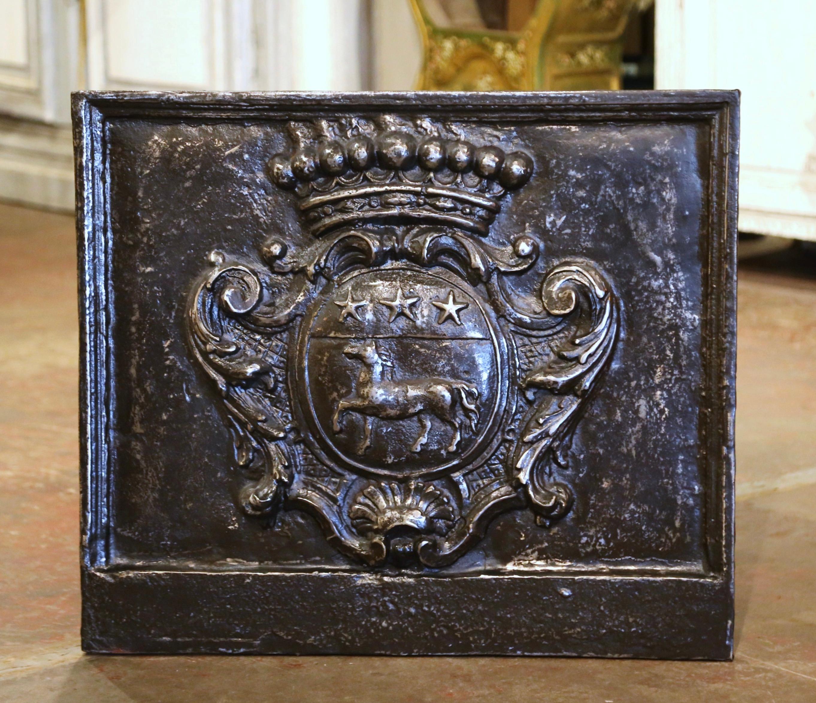 French Early 18th Century Polished Iron Fireback with Crown and Family Coat of Arms