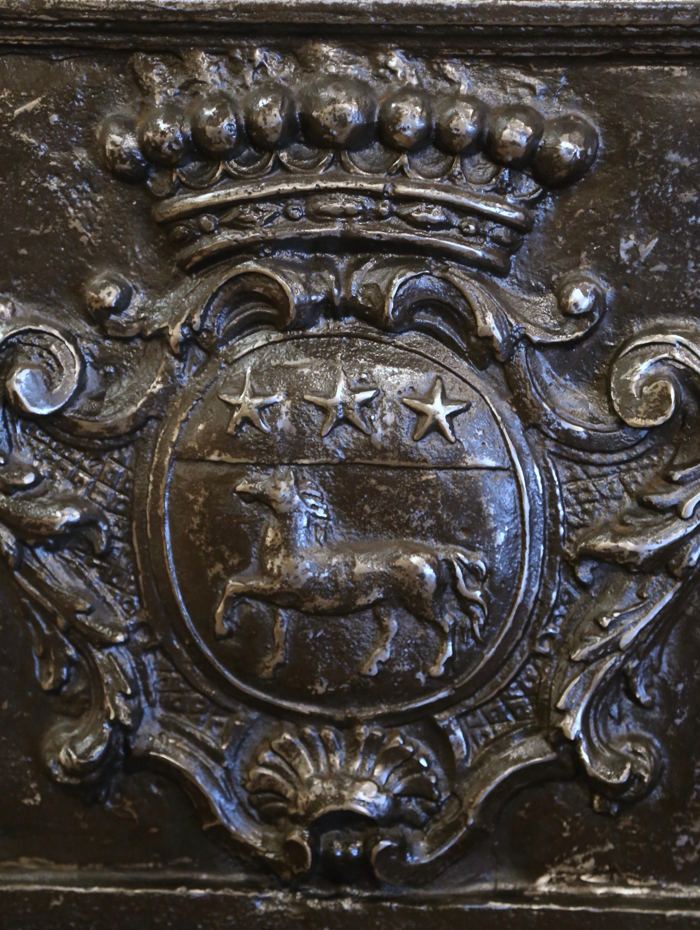 Hand-Crafted Early 18th Century Polished Iron Fireback with Crown and Family Coat of Arms
