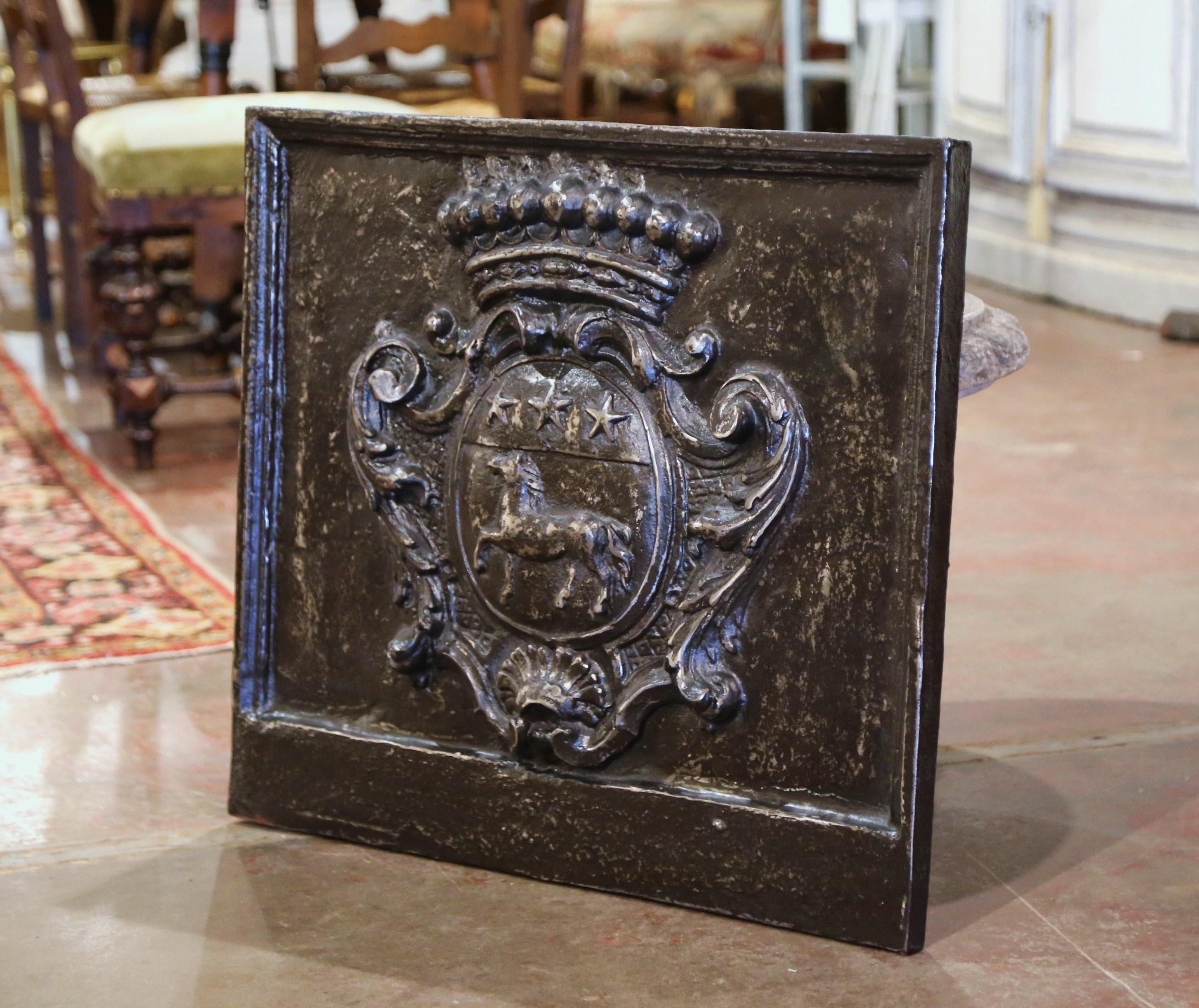 Early 18th Century Polished Iron Fireback with Crown and Family Coat of Arms In Excellent Condition In Dallas, TX