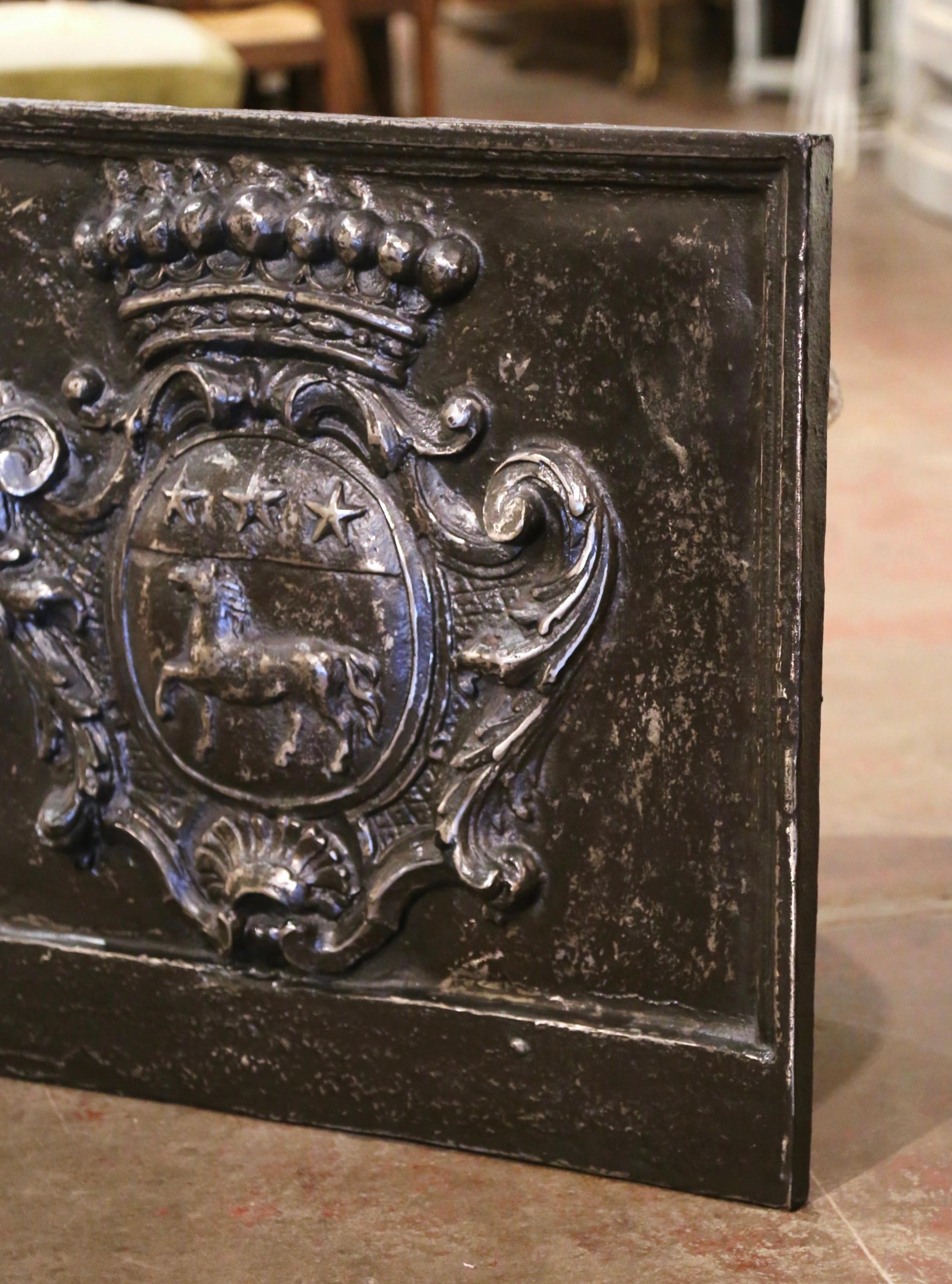 Early 18th Century Polished Iron Fireback with Crown and Family Coat of Arms 1