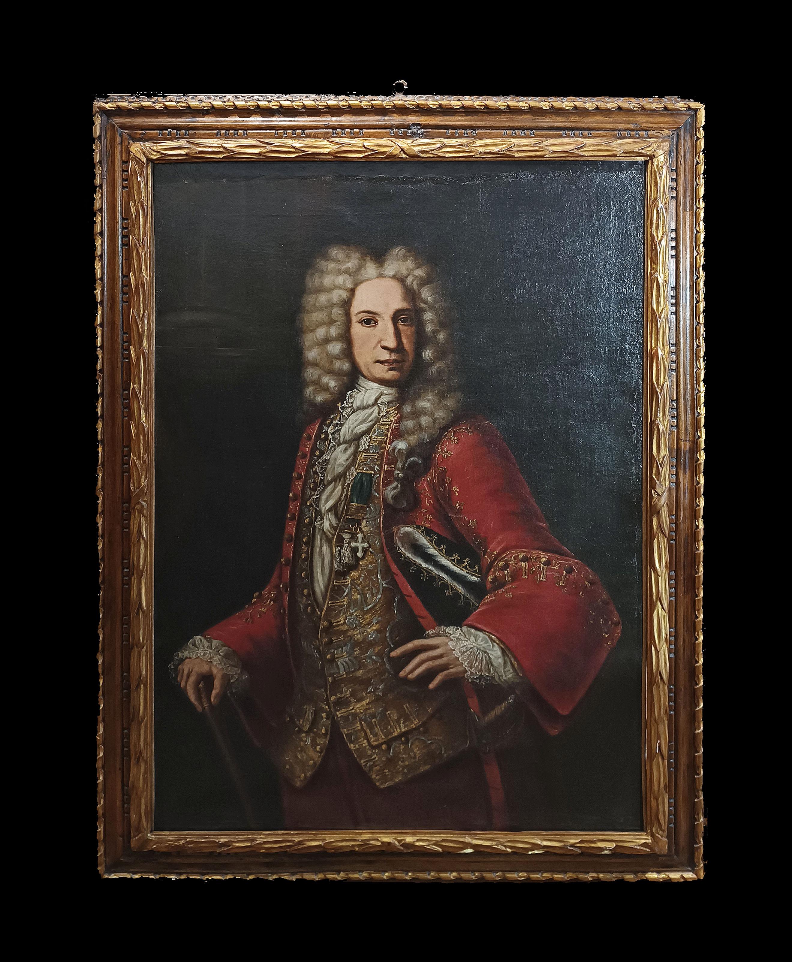 Beautiful oil painting on canvas depicting a gentleman belonging to the ancient chivalric order of Saints Maurice and Lazarus, founded in 1572 by the House of Savoy. The protagonist of the painting wears a typical wig of the early eighteenth century