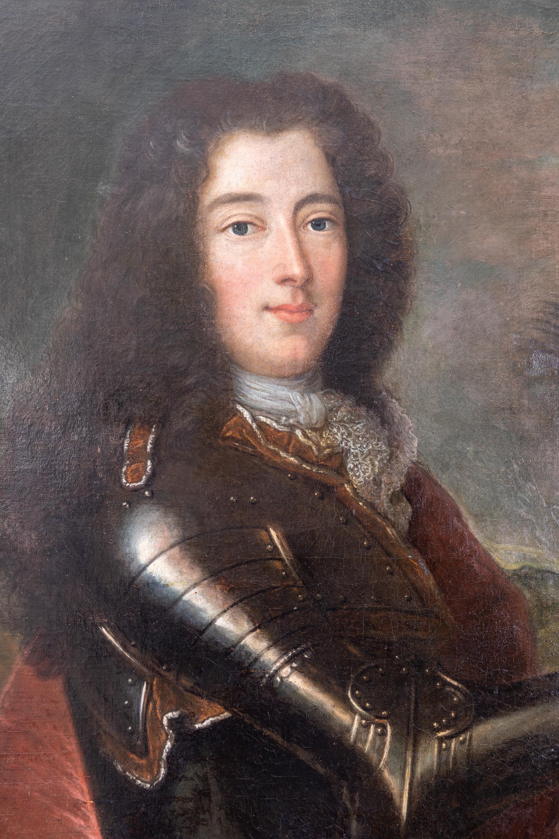 Early 18th century portrait of nobleman outfitted in suit of armour, with plumed hat, rose velvet, and white silk sash, set on pastoral background. 