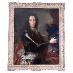 Antique Early 18th Century Portrait of Nobleman Outfitted in Suit of Armour