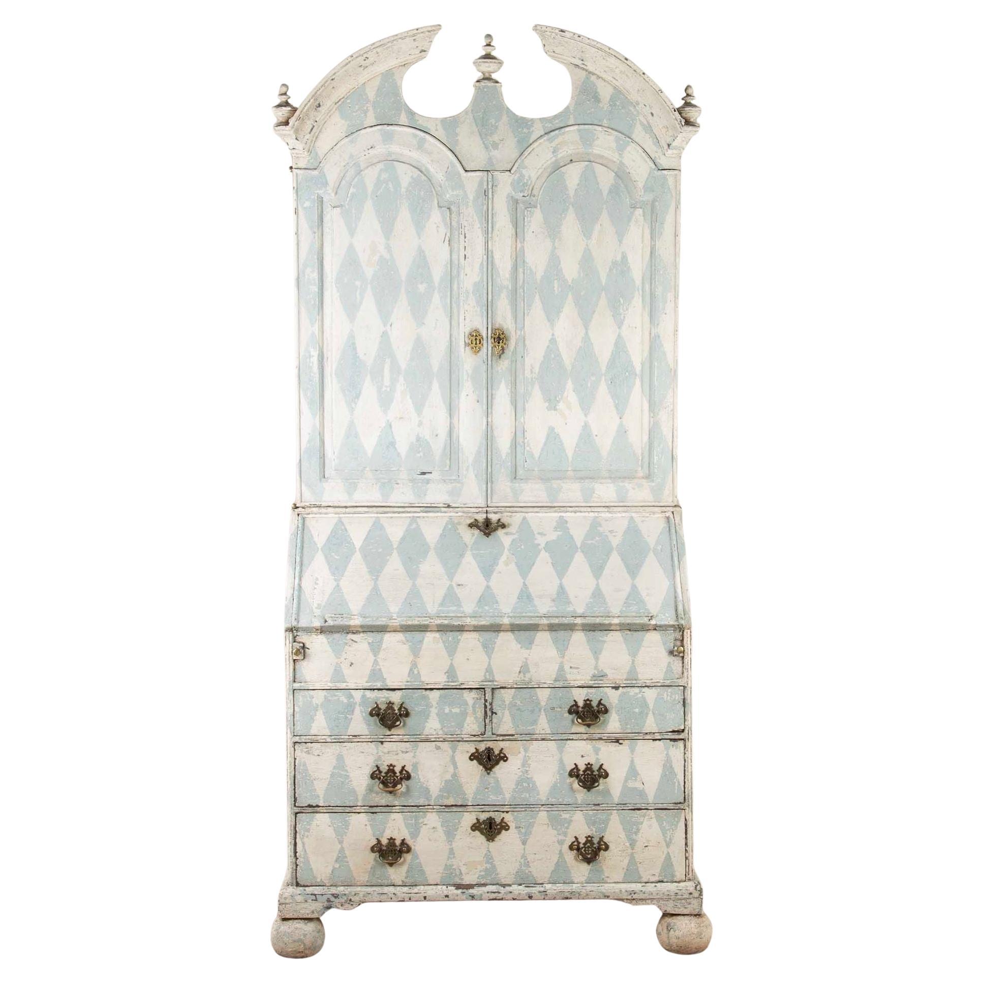 Early 18th Century Queen Anne Hand Painted Bureau Bookcase For Sale