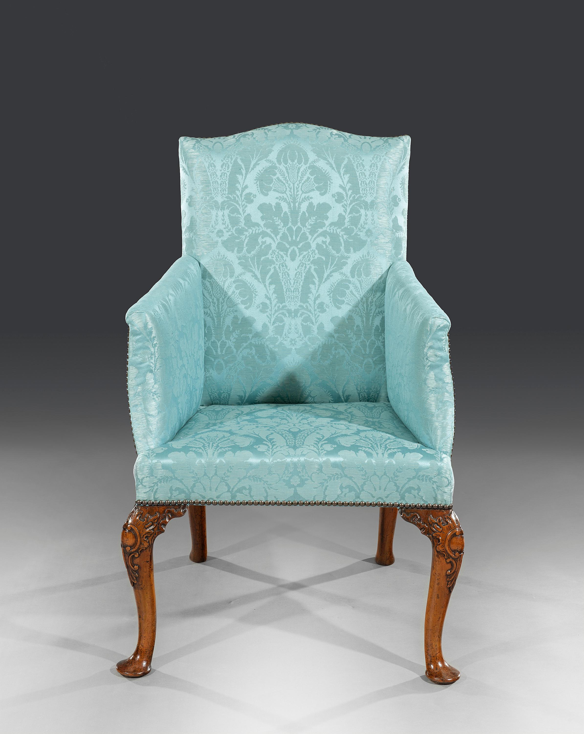 Rare 18th century period carved Queen Anne walnut library armchair of elegant proportions


Current condition:
We do have images of the frame when we restored the chair and can confirm that the legs are original as well as the frame. Some minor