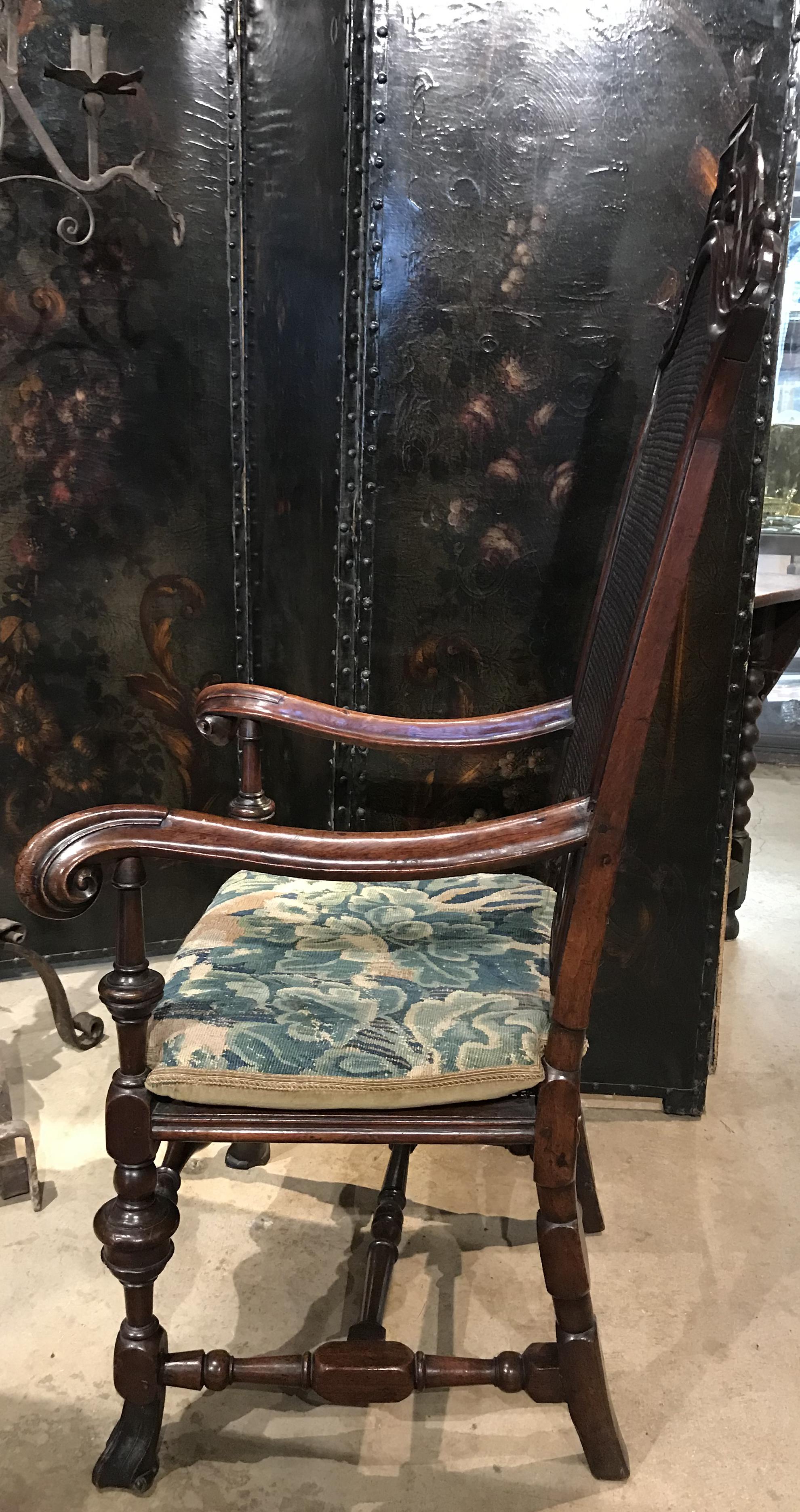 Carved Early 18th Century Queen Anne Spanish Foot Armchair with Tapestry Cushion For Sale
