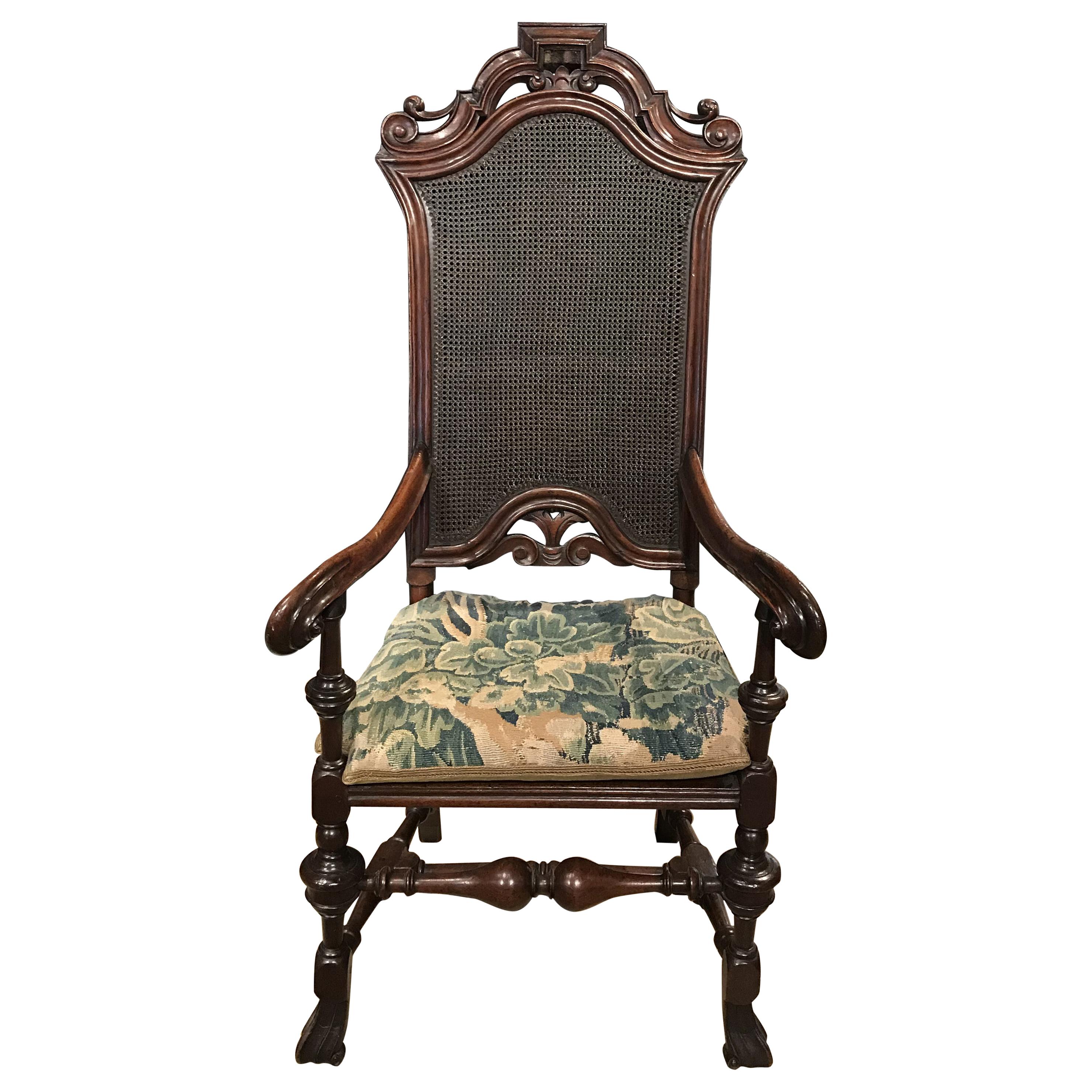 Early 18th Century Queen Anne Spanish Foot Armchair with Tapestry Cushion
