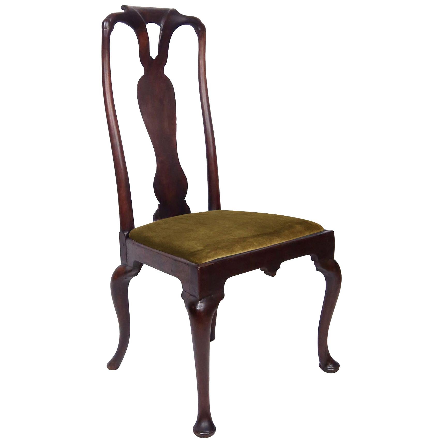 Early 18th Century Queen Anne Walnut Side Chair in Olive Velvet