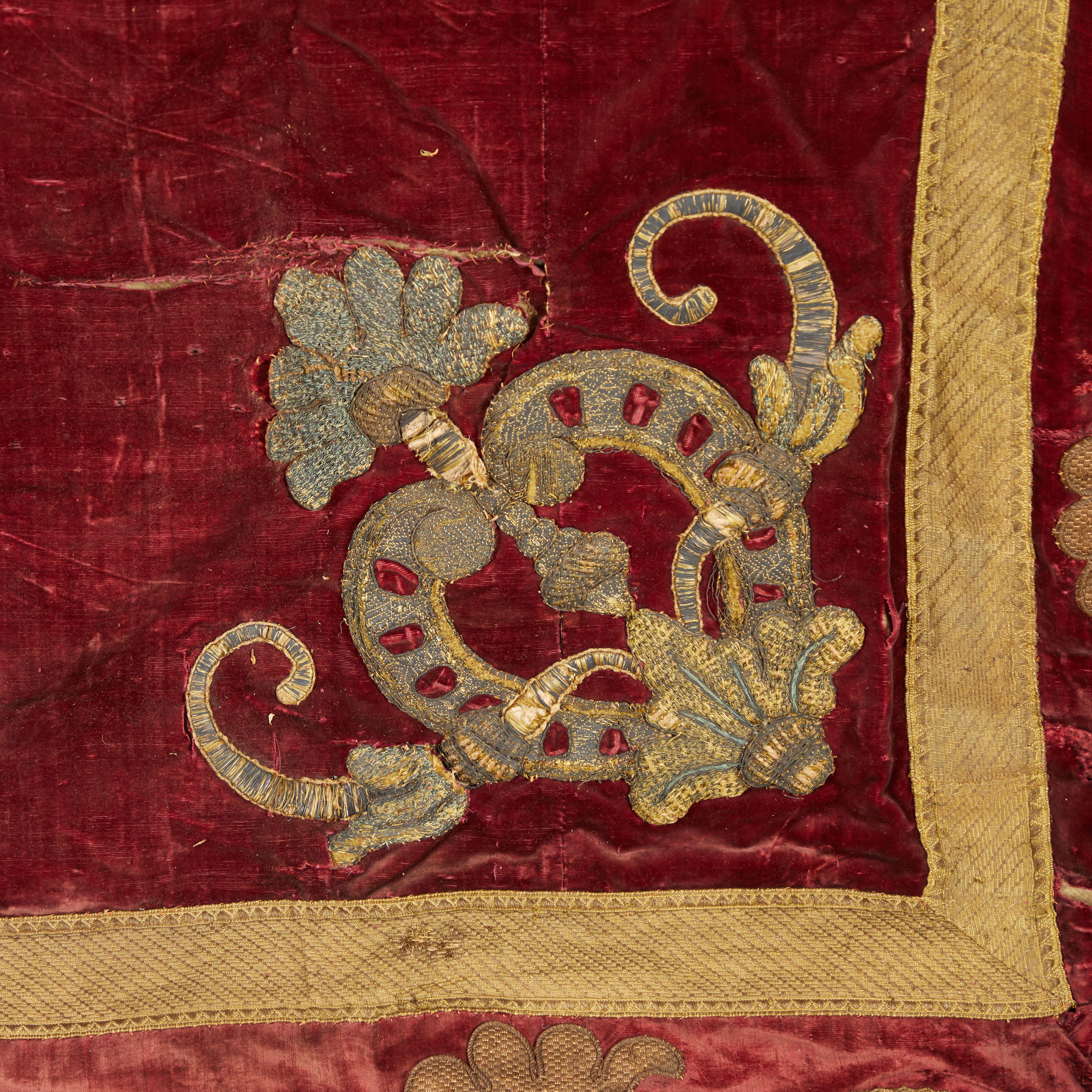 Baroque Early 18th Century Red Velvet Venetian Tapestry Embroidered in Gold Trim