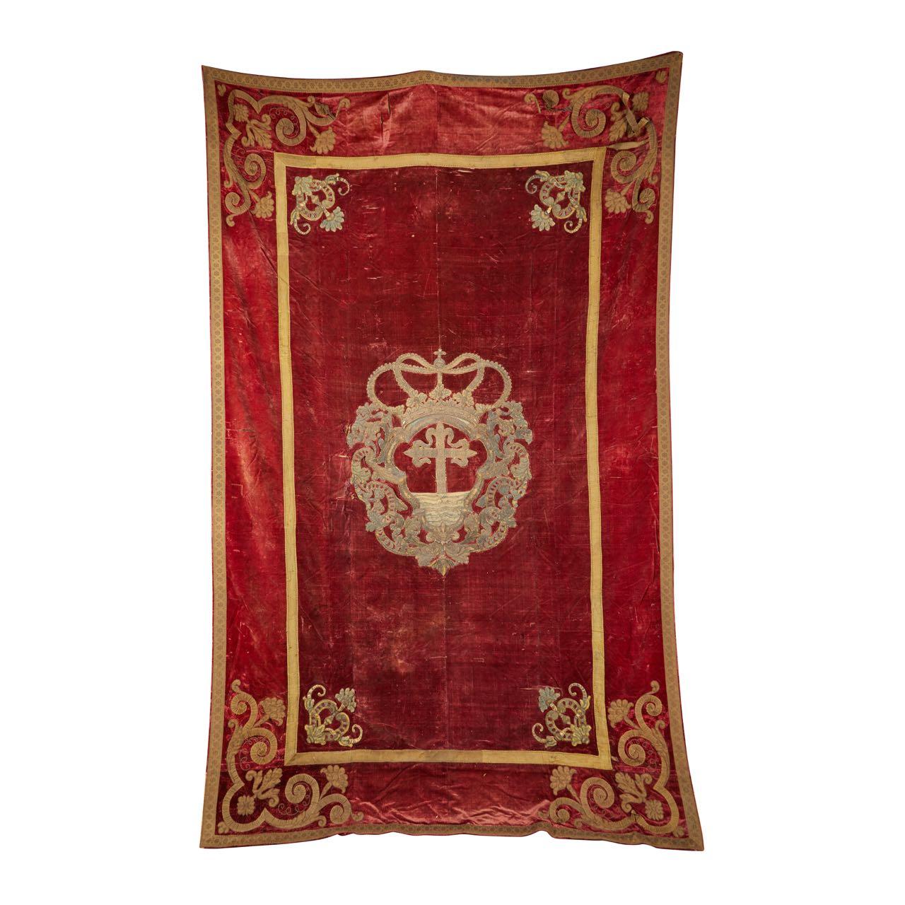 Early 18th Century Red Velvet Venetian Tapestry Embroidered in Gold Trim