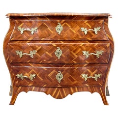 Antique Early 18th century Rococo inlaid plum bombe chest of drawers