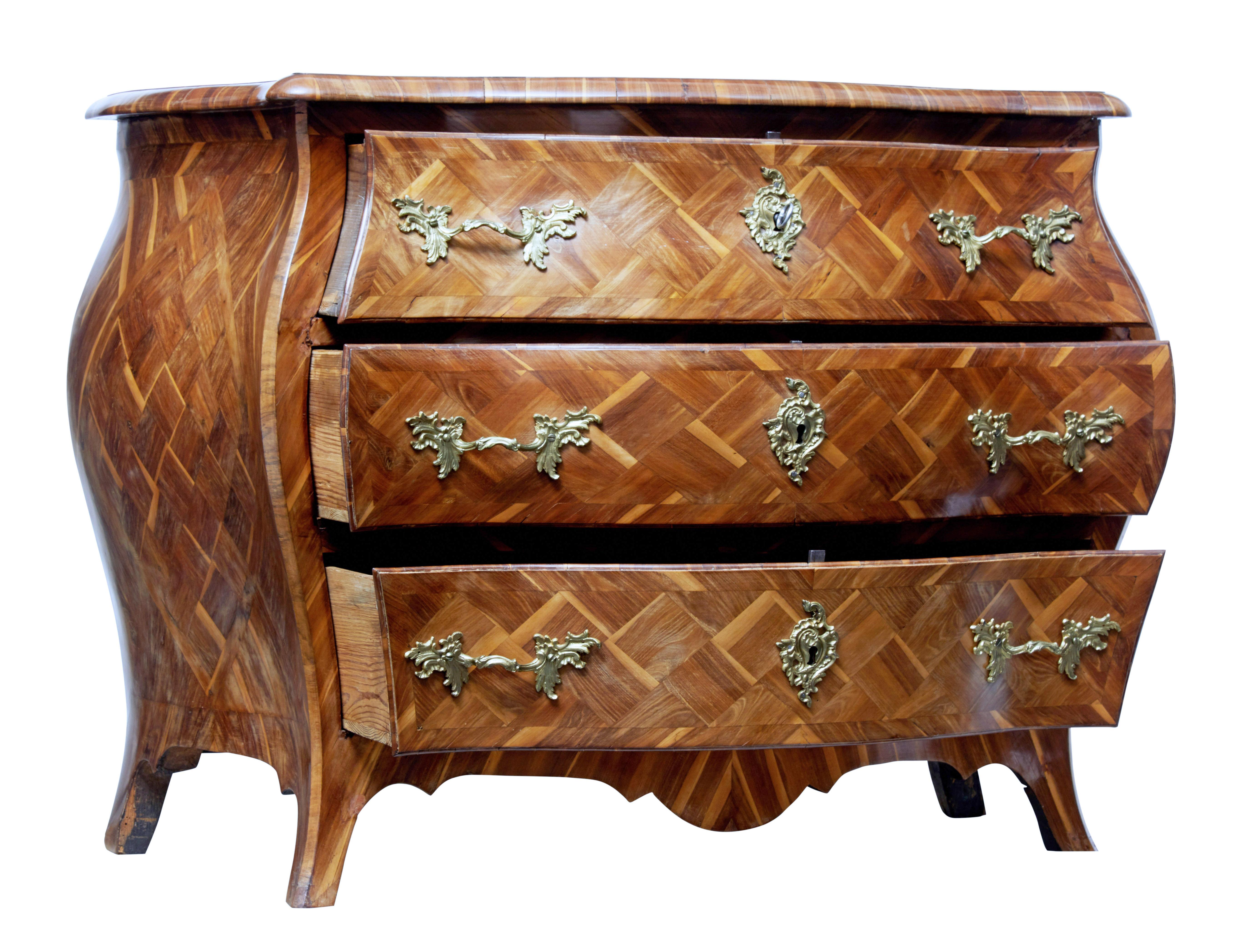Swedish Early 18th Century Rococo Parquetry Plum Bombe Commode