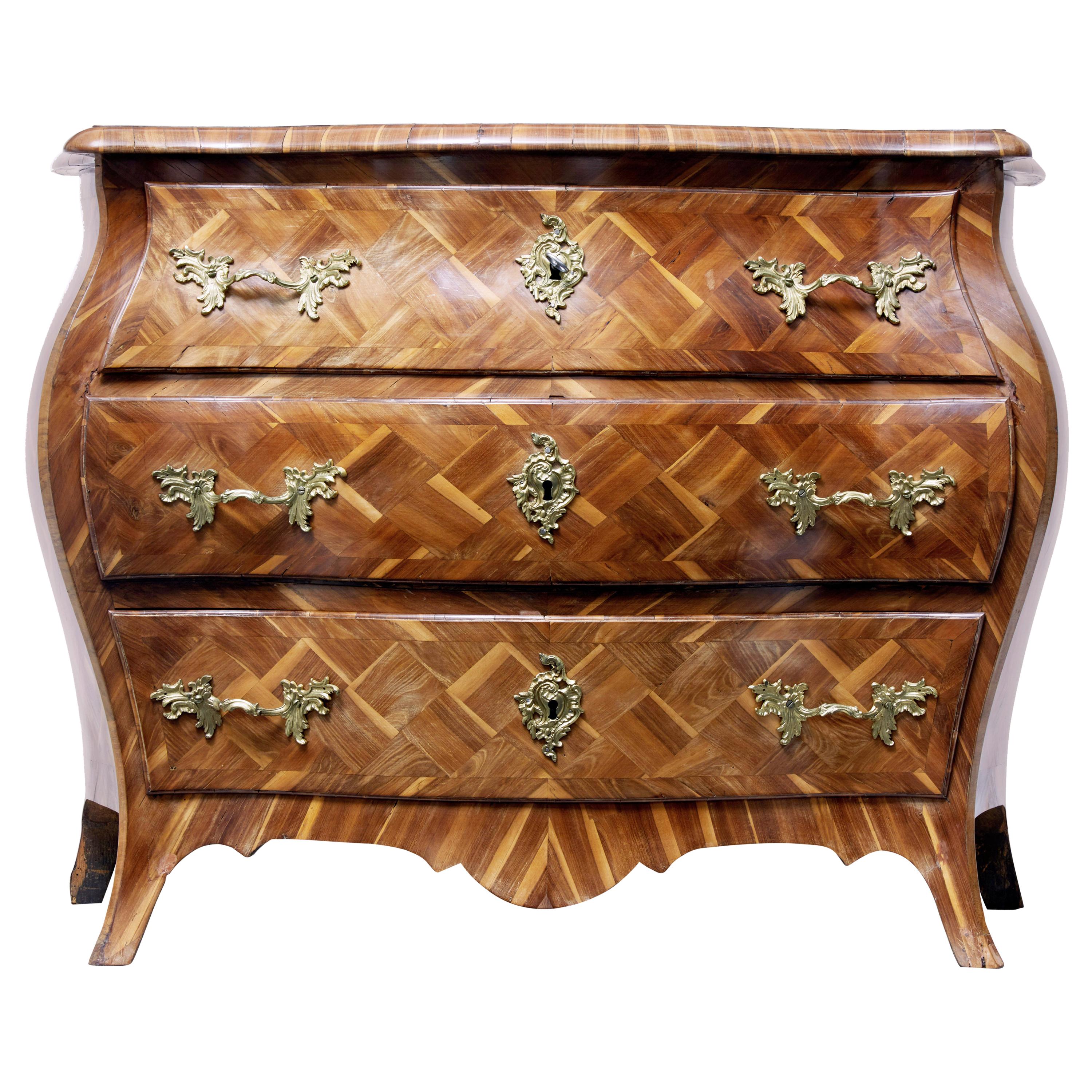 Early 18th Century Rococo Parquetry Plum Bombe Commode