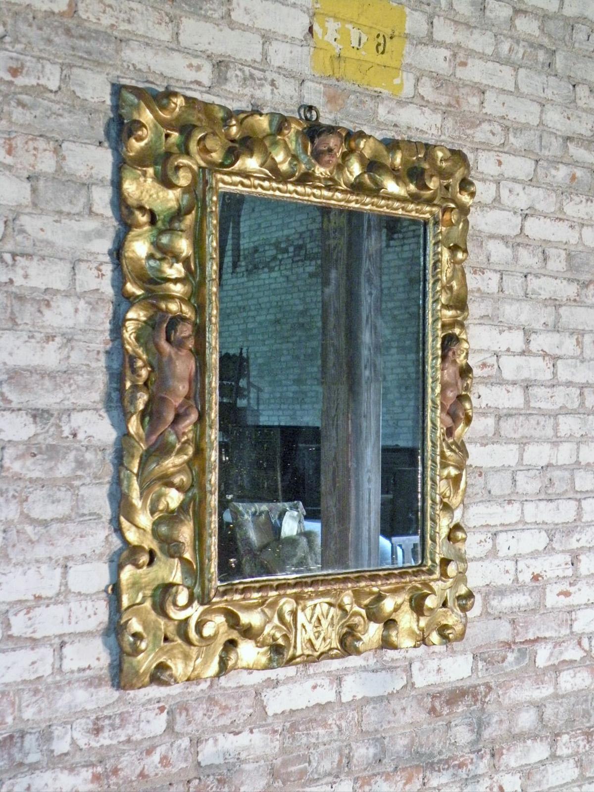 Glass Early 18th Century Spanish Baroque Gilt Wood and Polychrome Mirror For Sale