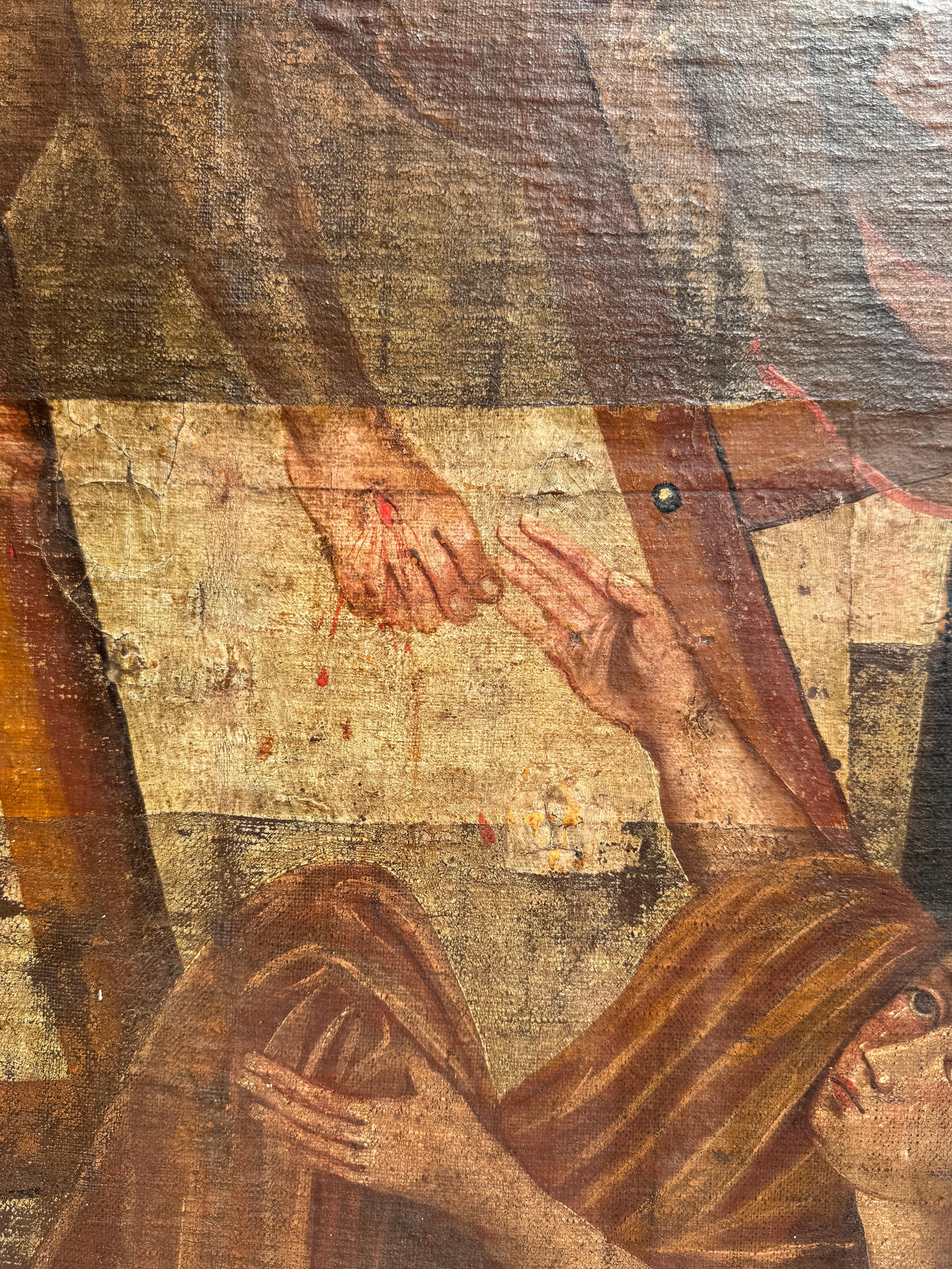 Frühes 18. Jahrhundert Spanisches Kolonialöl auf Leinwand - Der Abstieg vom Kreuz im Angebot 7