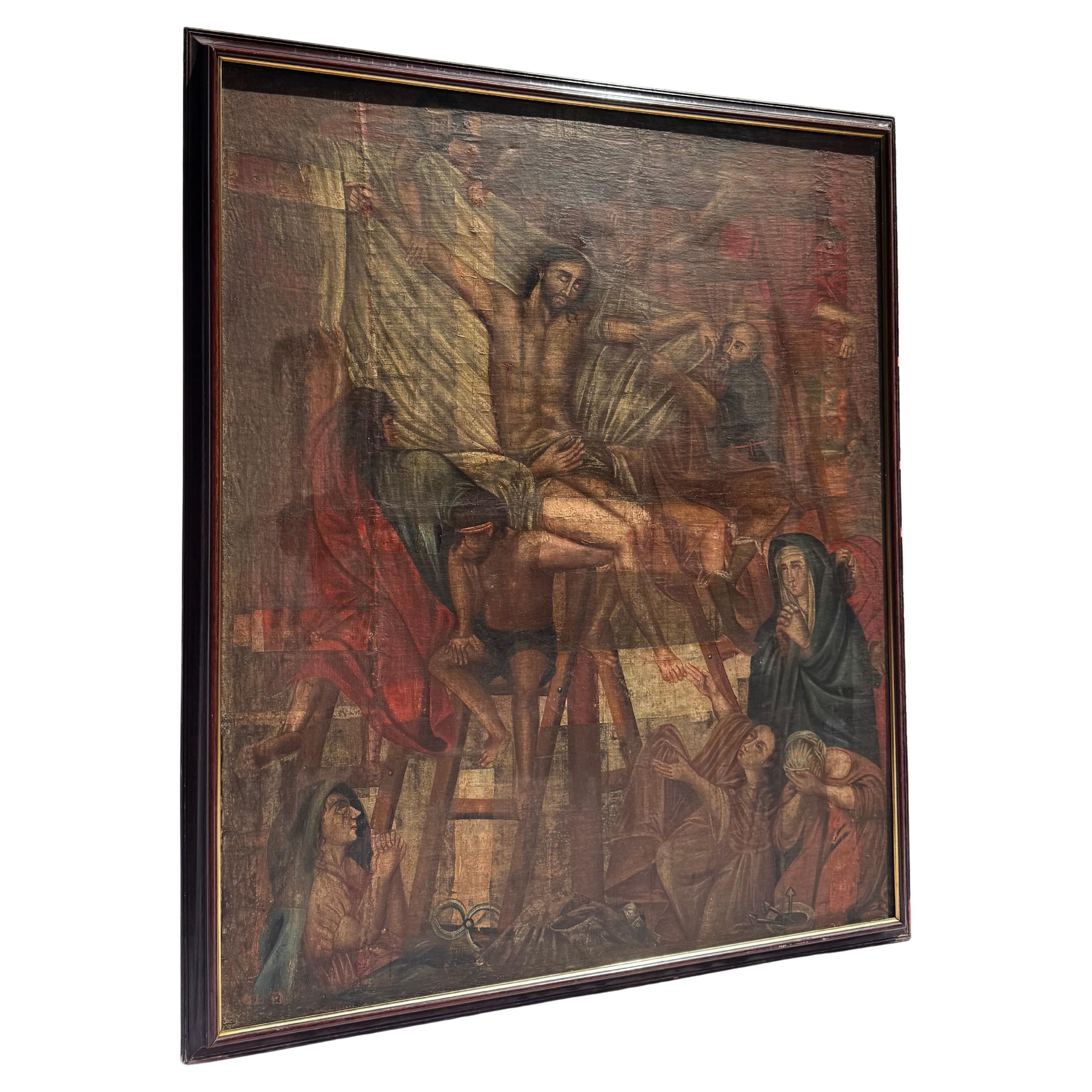 Frühes 18. Jahrhundert Spanisches Kolonialöl auf Leinwand - Der Abstieg vom Kreuz (Peruanisch) im Angebot