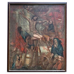Huile sur toile coloniale espagnole du début du XVIIIe siècle - La descente de croix