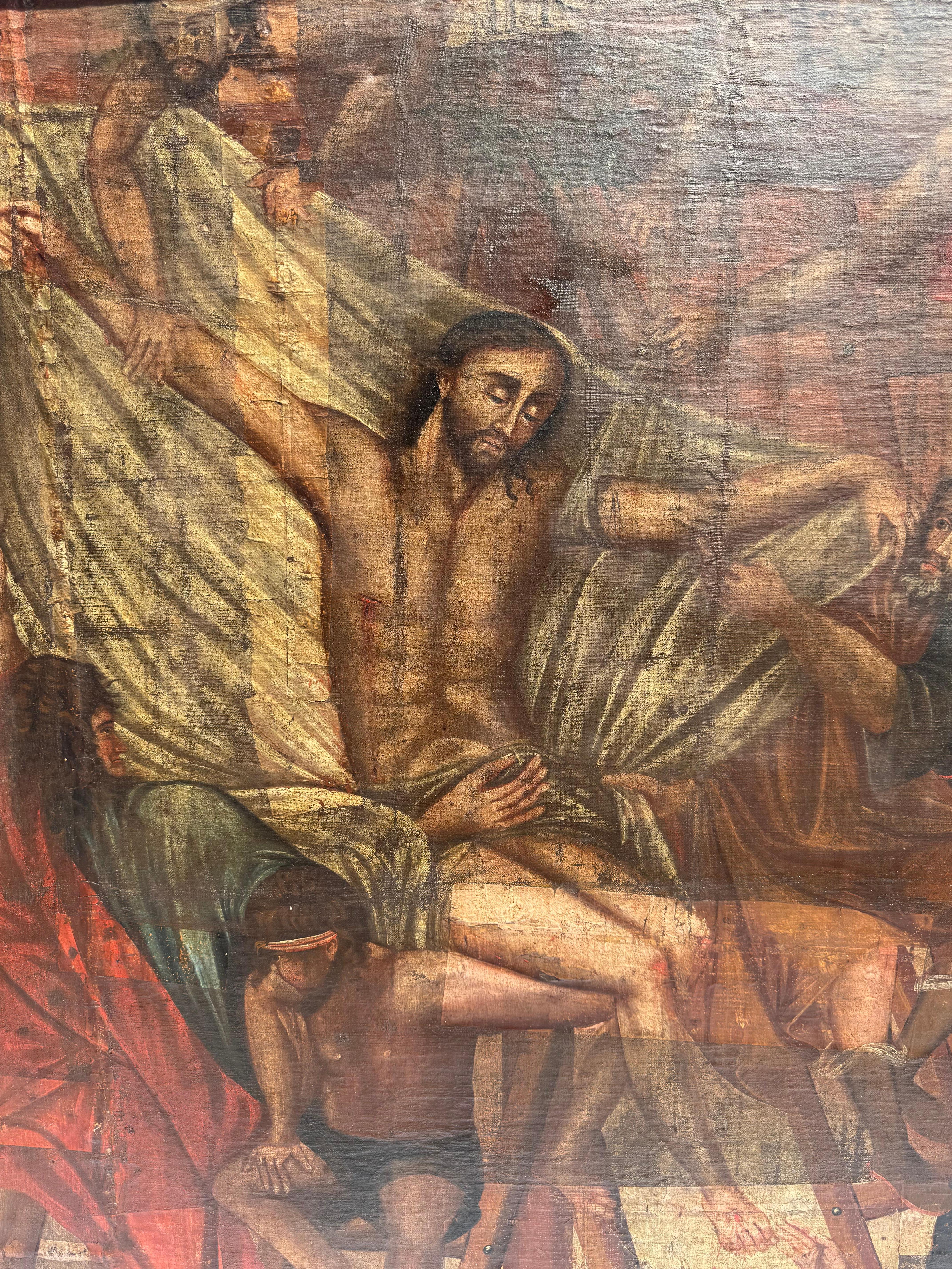 Frühes 18. Jahrhundert Spanisches Kolonialöl auf Leinwand - Der Abstieg vom Kreuz im Angebot 2