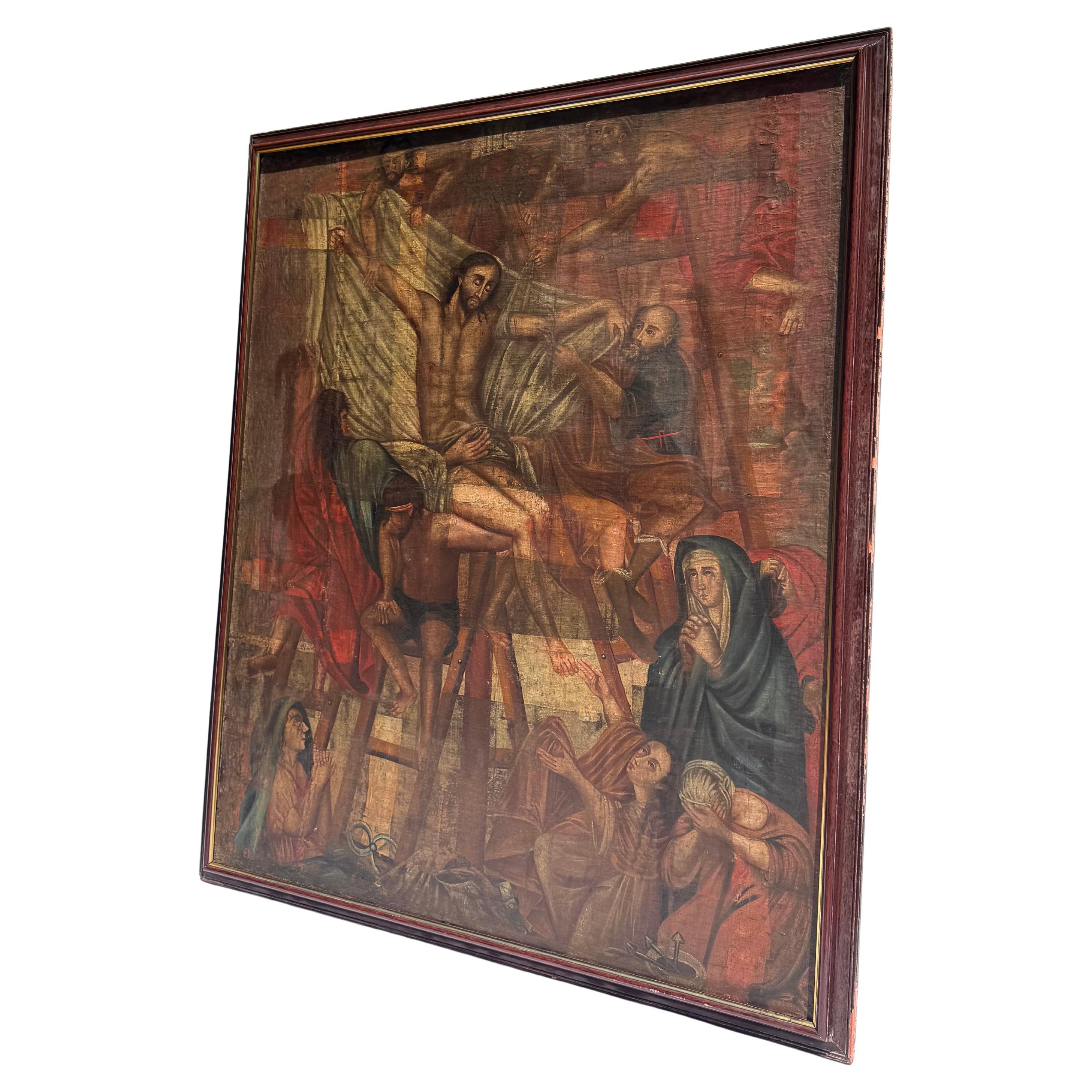Frühes 18. Jahrhundert Spanisches Kolonialöl auf Leinwand - Der Abstieg vom Kreuz (Spanisch Kolonial) im Angebot
