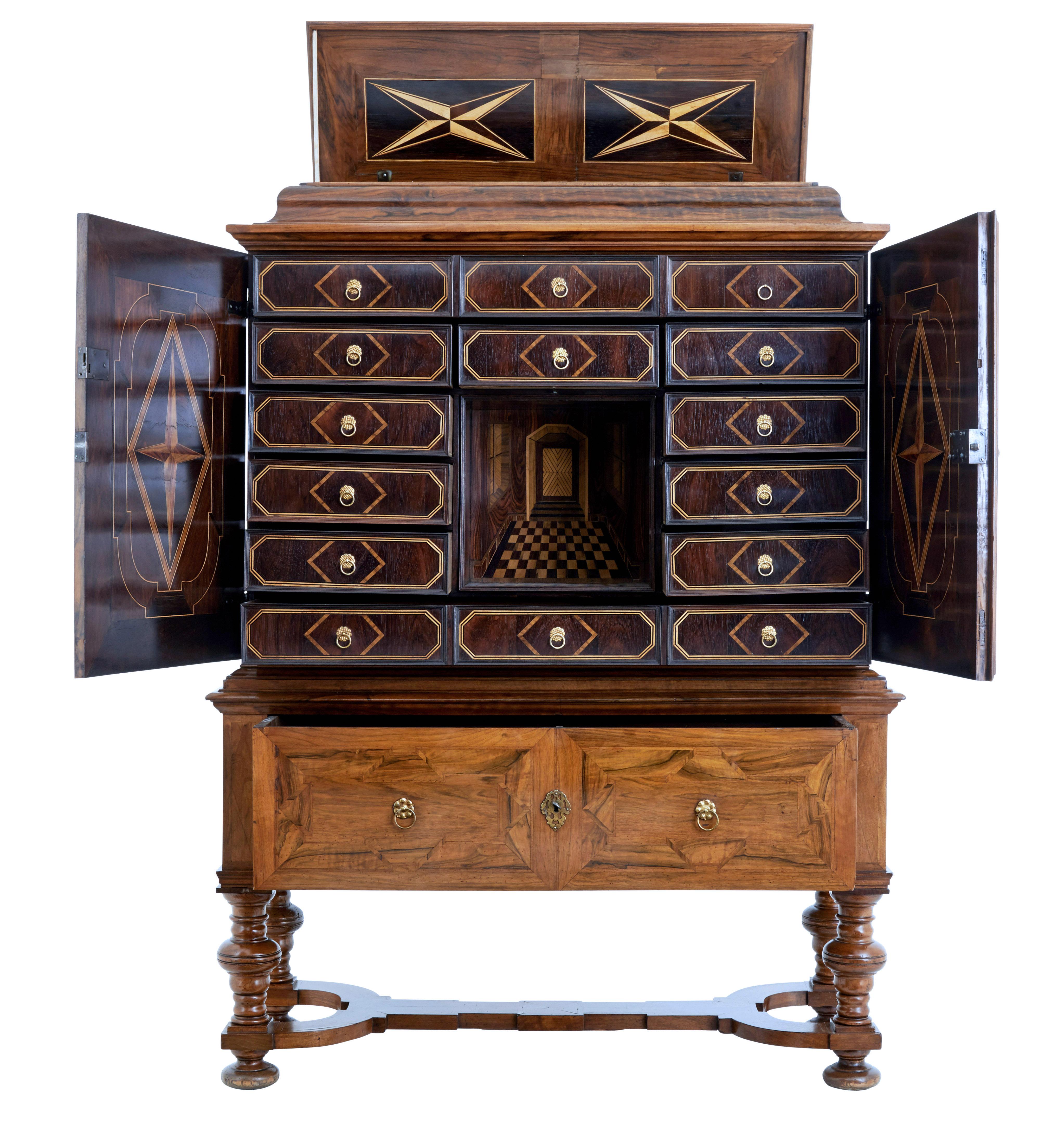 Inlay Early 18th Century Swedish Baroque Walnut Cabinet on Stand