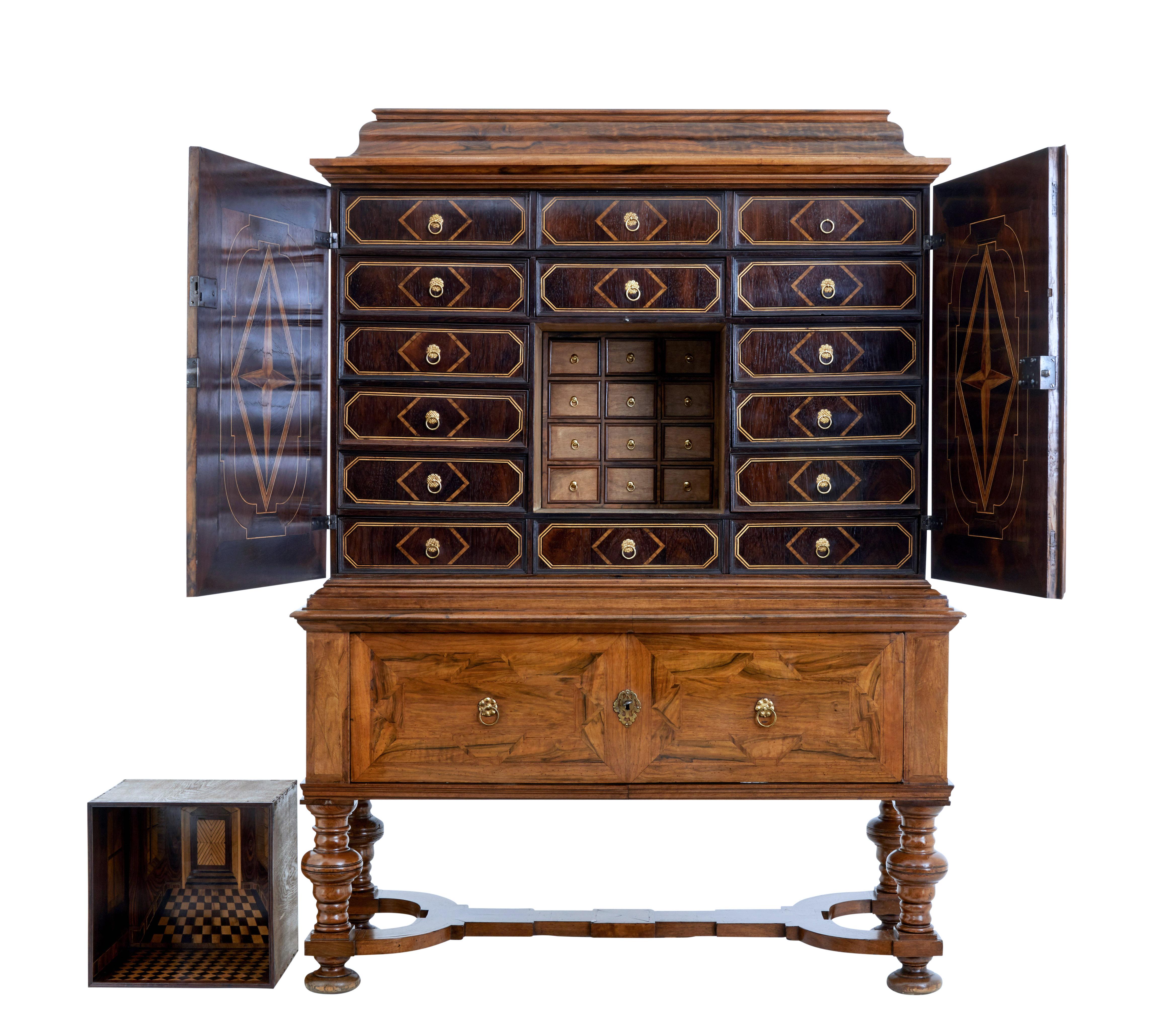 Cross-Banded Early 18th Century Swedish Baroque Walnut Cabinet on Stand