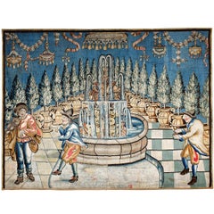 Antique Early 18th Century Tapestry Depicting Three Men Dancing in a Garden