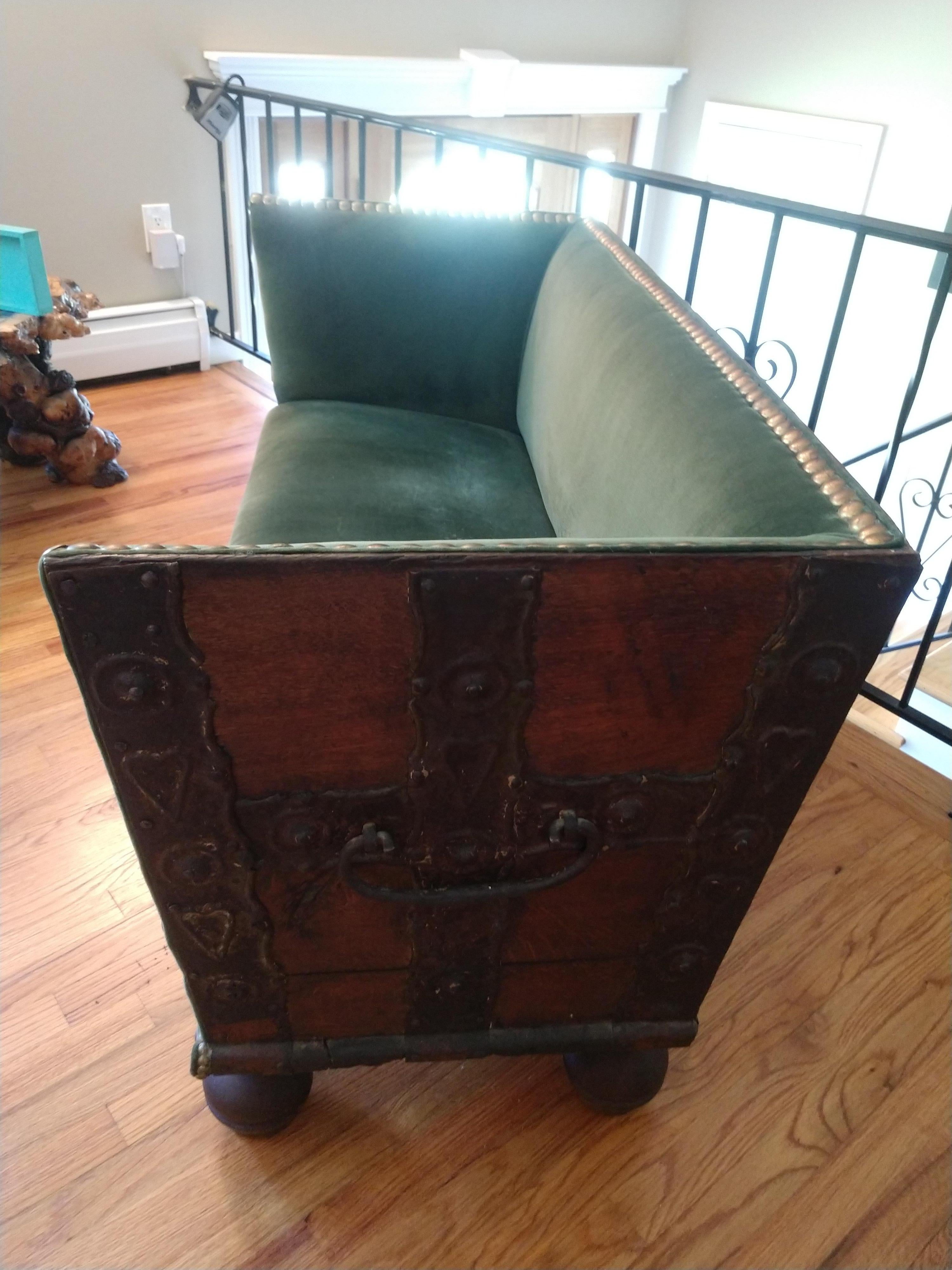 Early 18th Century Two Seat Sofa Treasure Chest Upholstered Settee For Sale 4