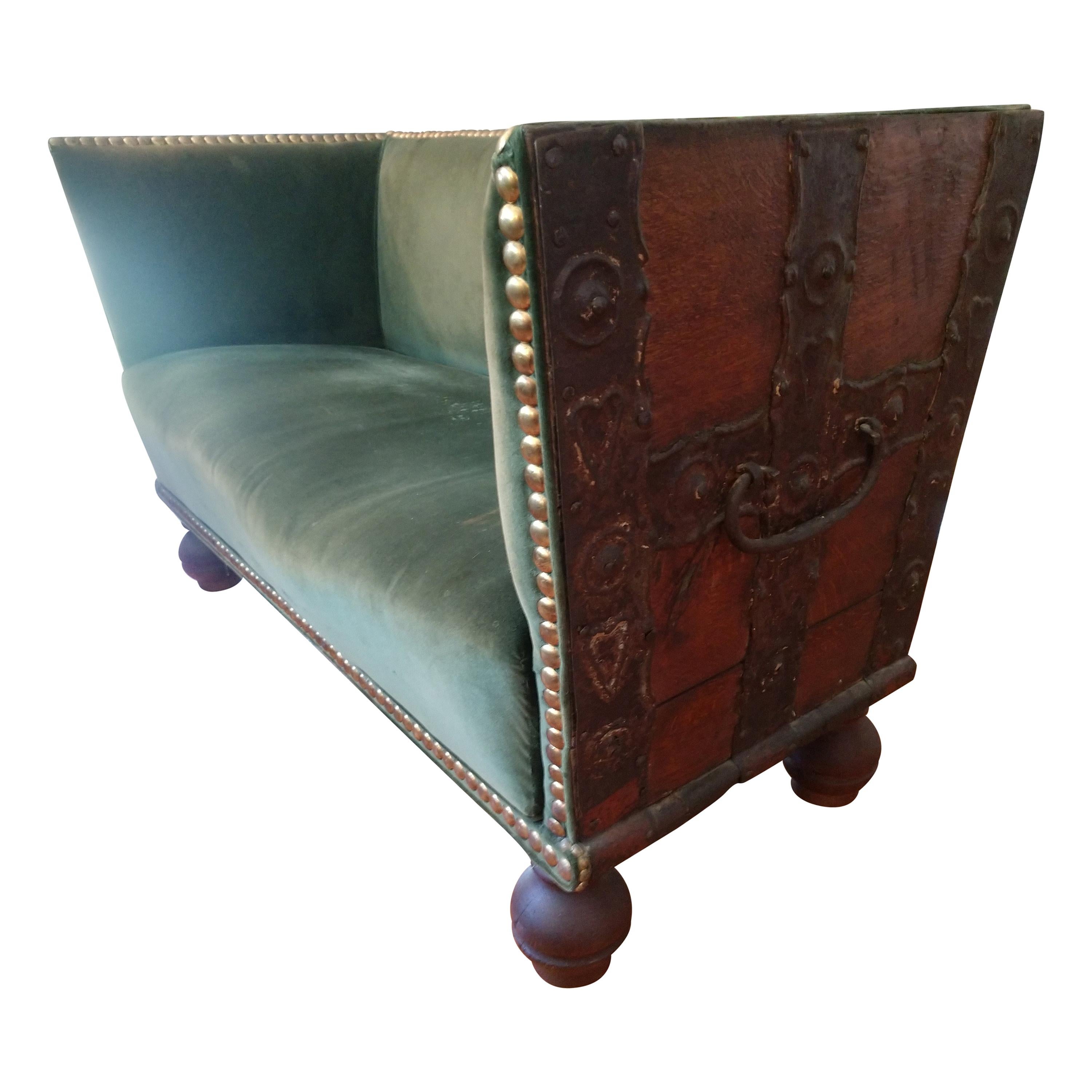 Early 18th Century Two Seat Sofa Treasure Chest Upholstered Settee