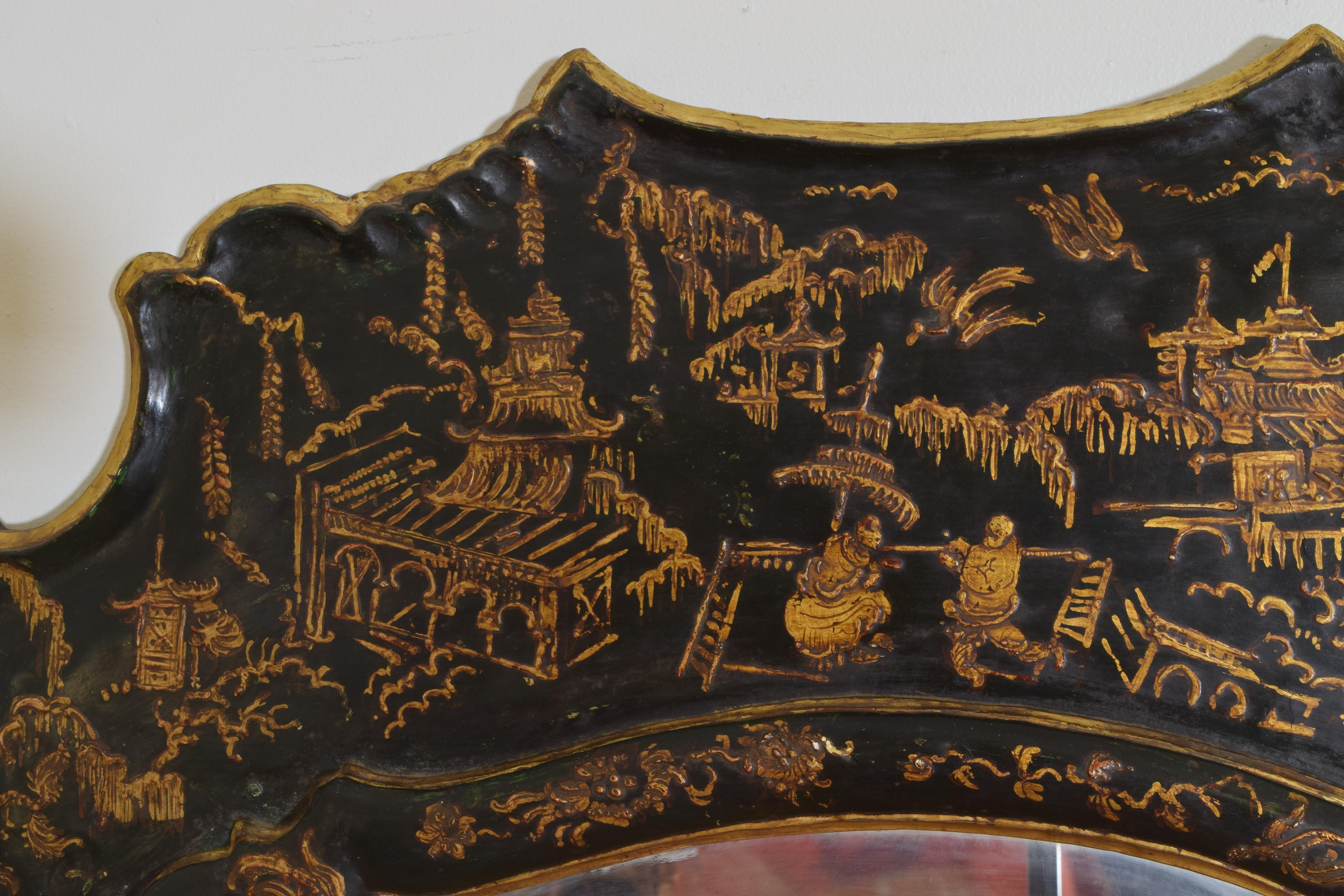 Mercury Glass Early 18th Century Venetian Chinoiserie Dark Green Lacquered Mirror For Sale