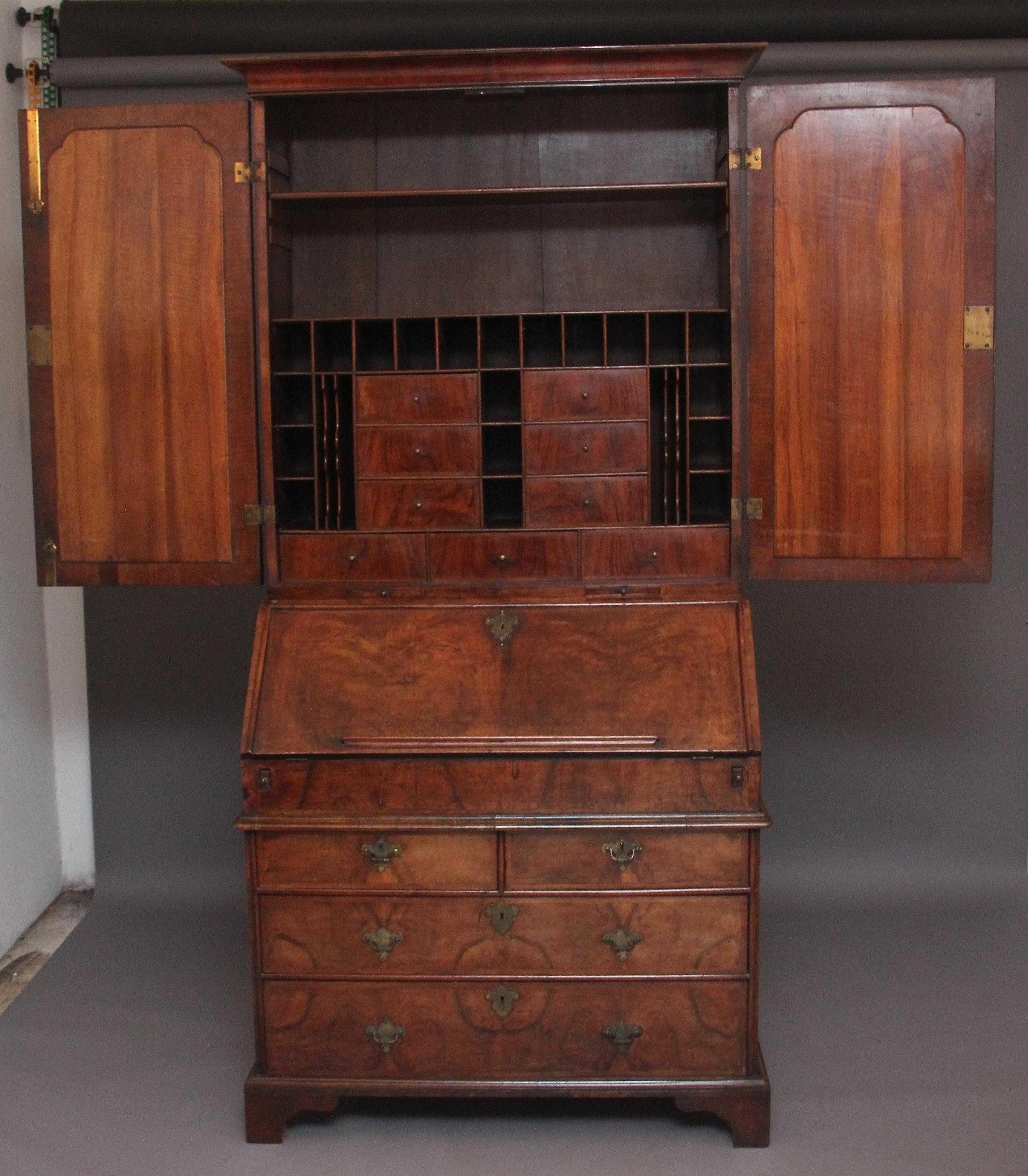 George II Early 18th Century Walnut Bureau Bookcase For Sale