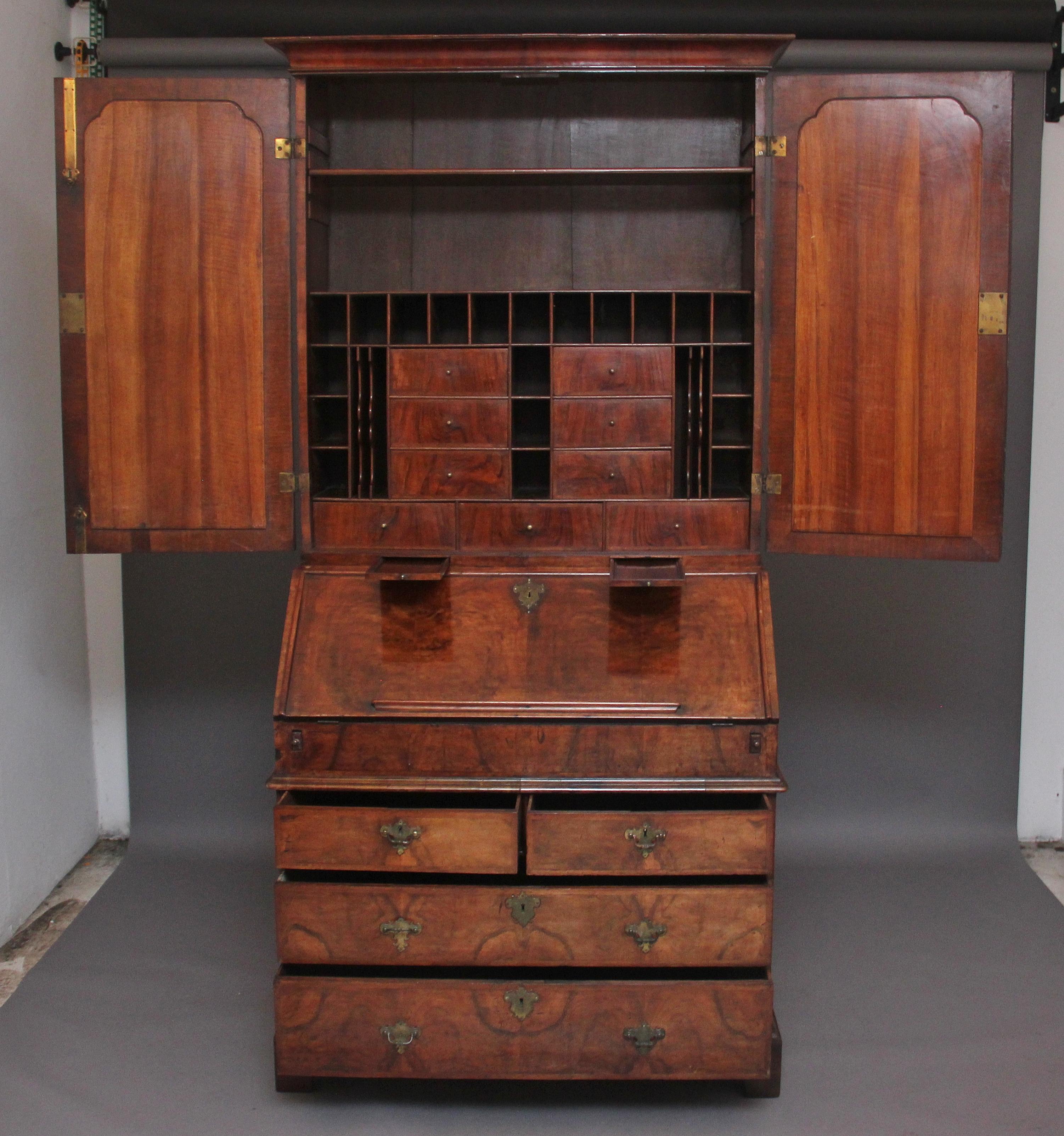 British Early 18th Century Walnut Bureau Bookcase For Sale