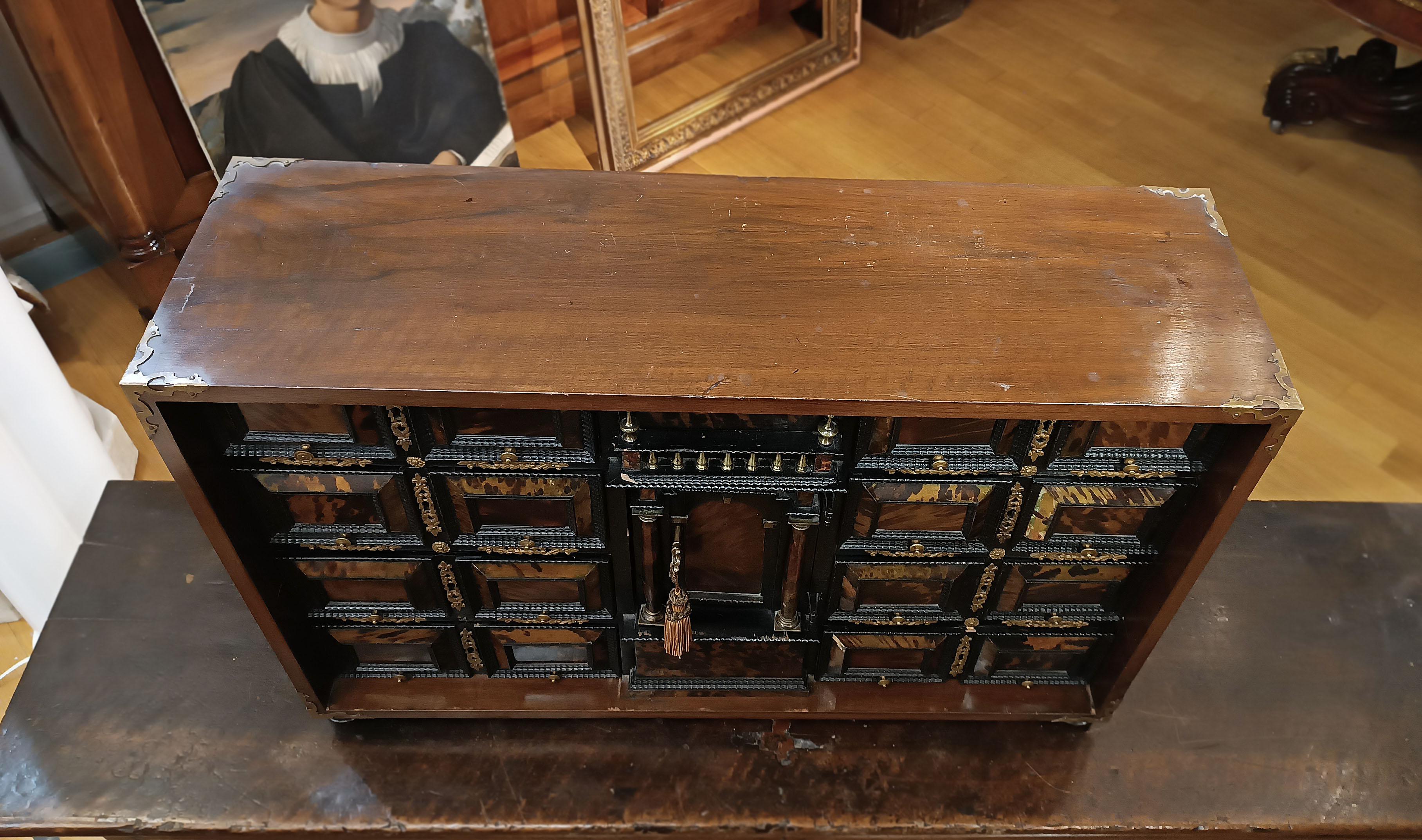 Hand-Carved EARLY 18th CENTURY WALNUT COIN CABINET WITH FINISHES For Sale