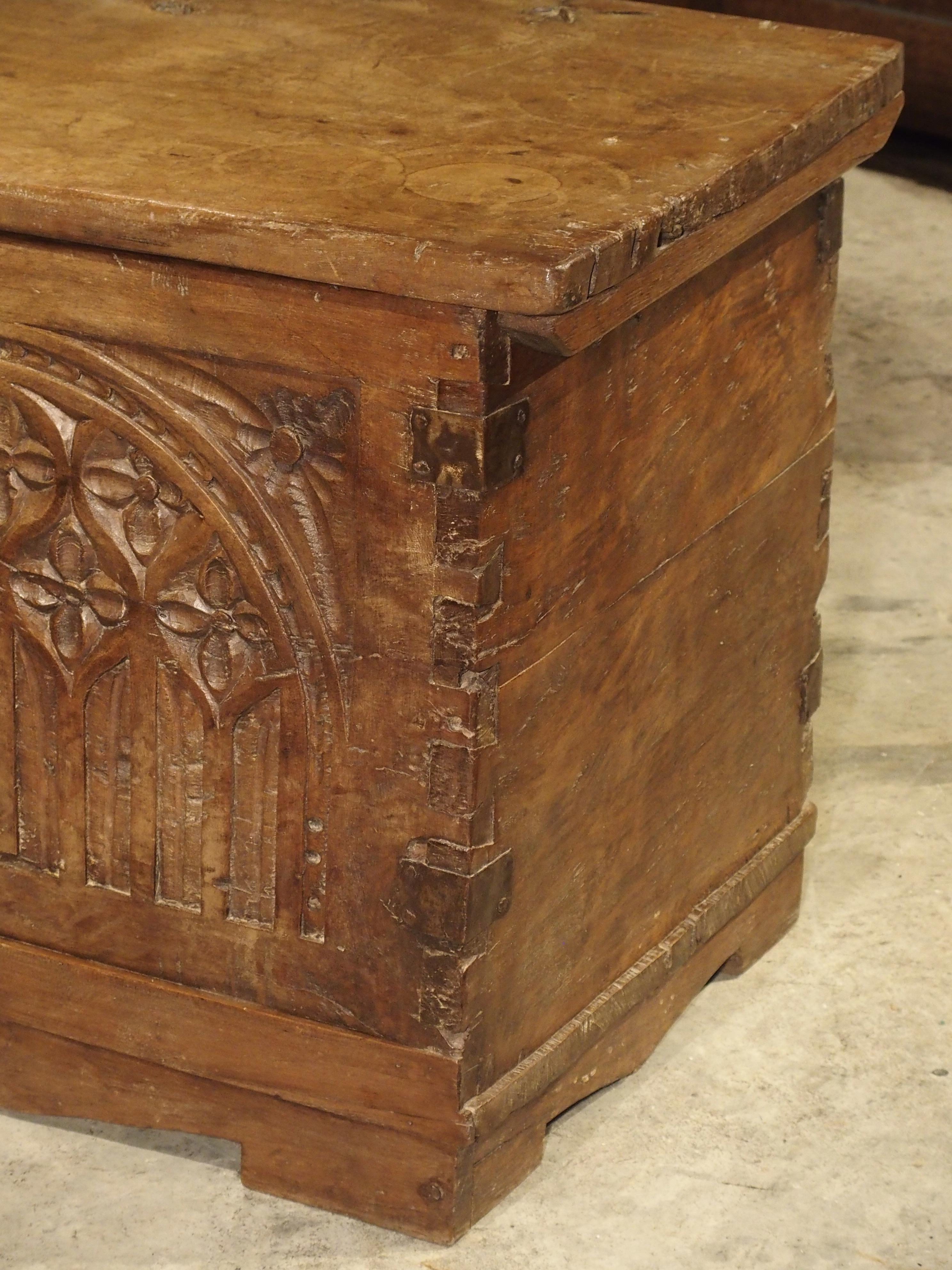Hand-Carved Early 18th Century Walnut Wood Trunk from France